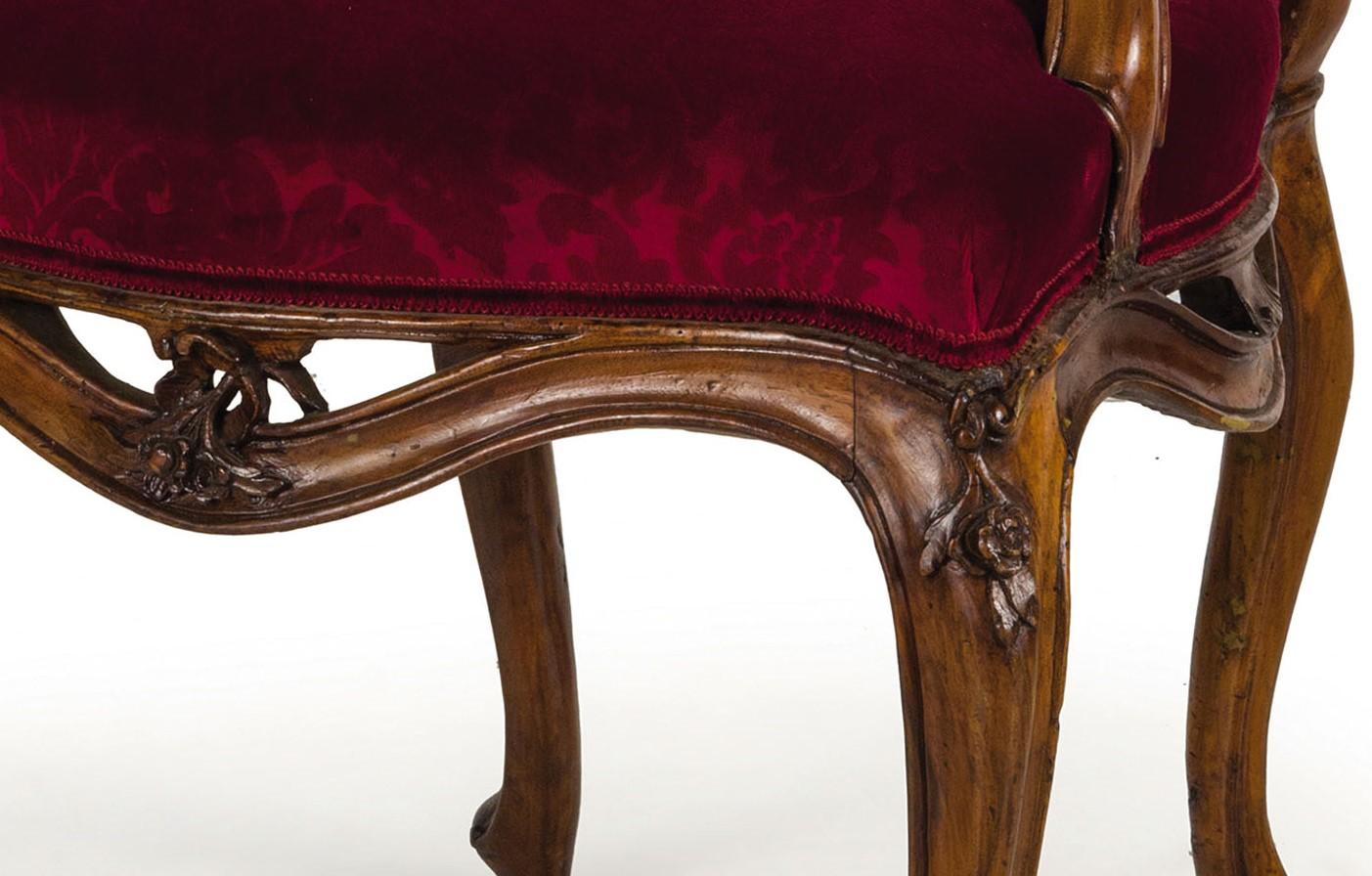 Hand-Carved 18th Century Four Venetian Carved Walnut Wood Armchairs