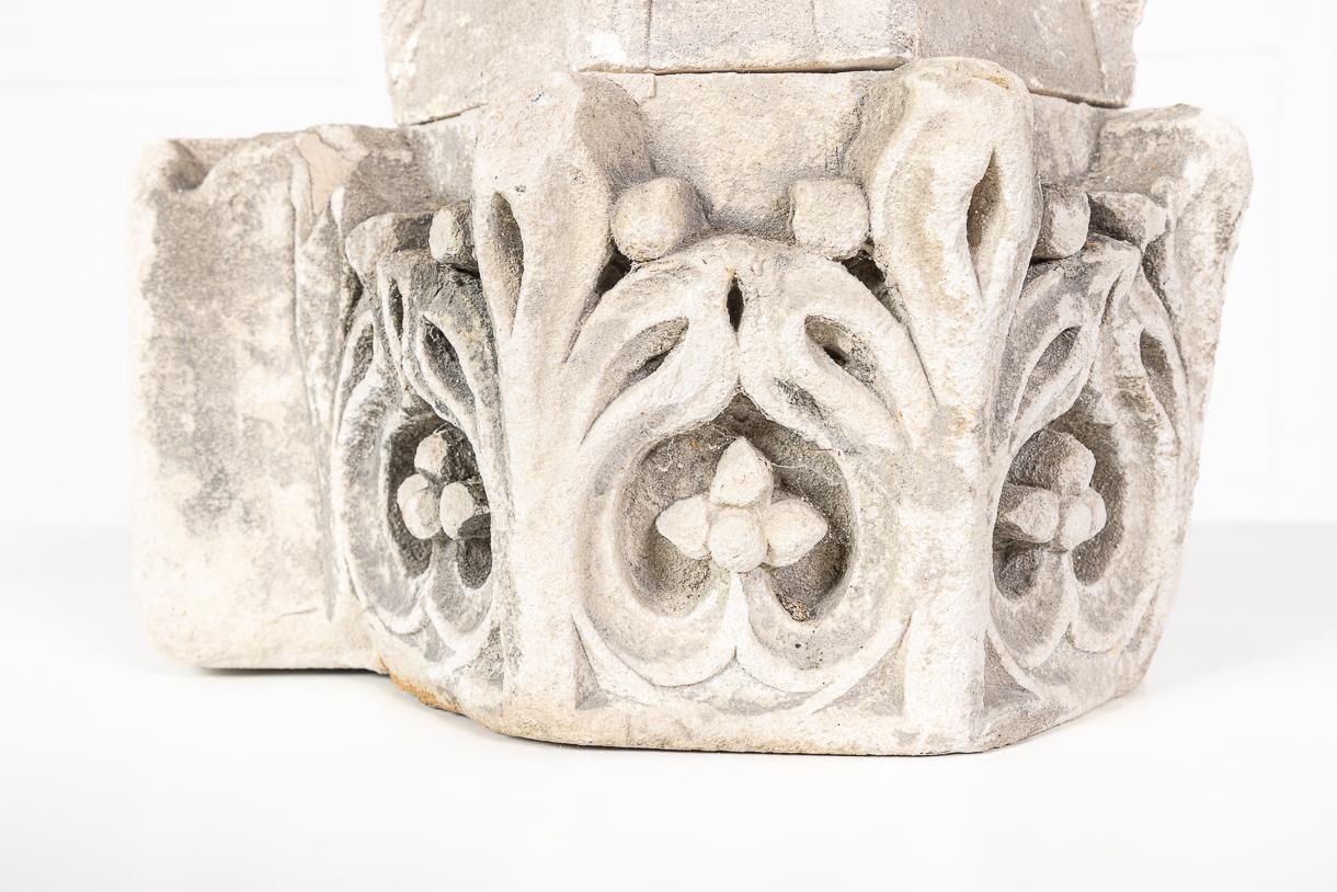 18th Century fragment of carved stone, possibly a corner piece, with a deep frieze decorated with typical gothic carvings.

A nice, decorative ornament with architectural appeal.
