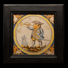 Azulejos holandeses de Delft del siglo XVIII enmarcados que representan a un cazador y sus perros