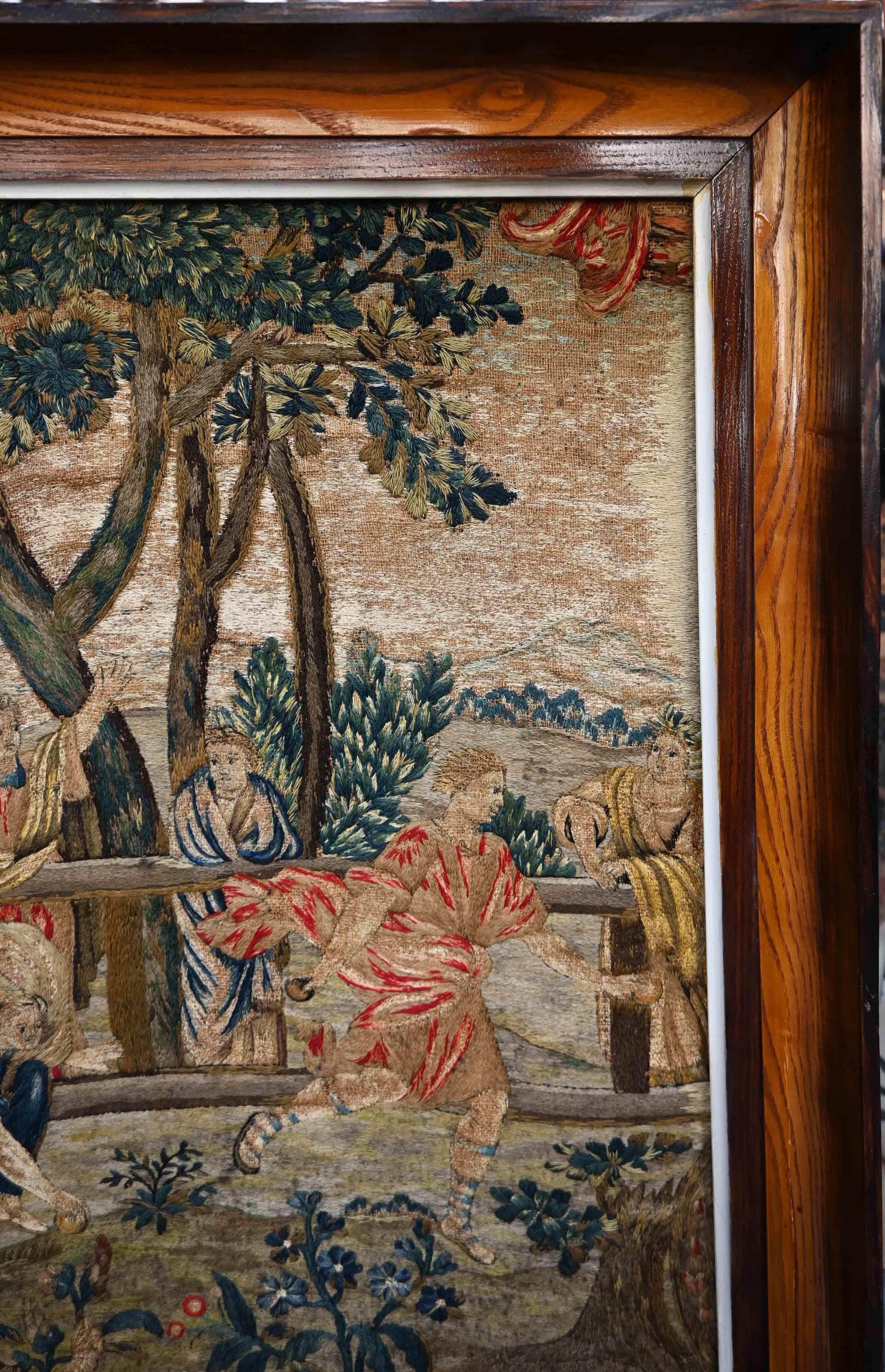 Fino al XVIII secolo Ricamo francese incorniciato del XVIII secolo, Partita di Pétanque - 57x70 cm - N. 1561 in vendita