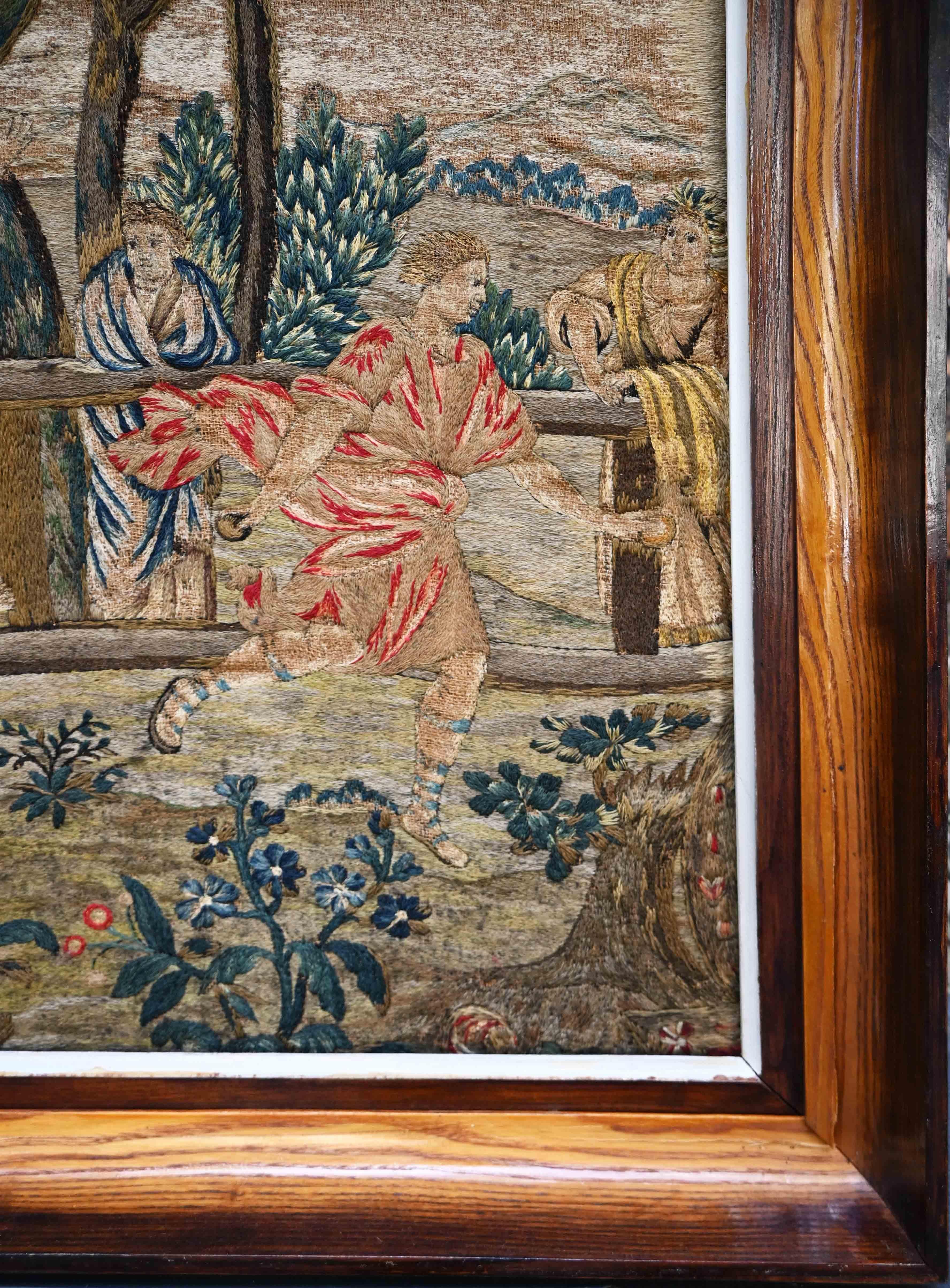 Ricamo francese incorniciato del XVIII secolo, Partita di Pétanque - 57x70 cm - N. 1561 in vendita 1