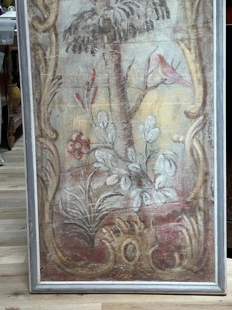 Lovely framed panel from an 18th century French screen, a whimsical tree with flowers and birds surrounded by a cartouche.
   