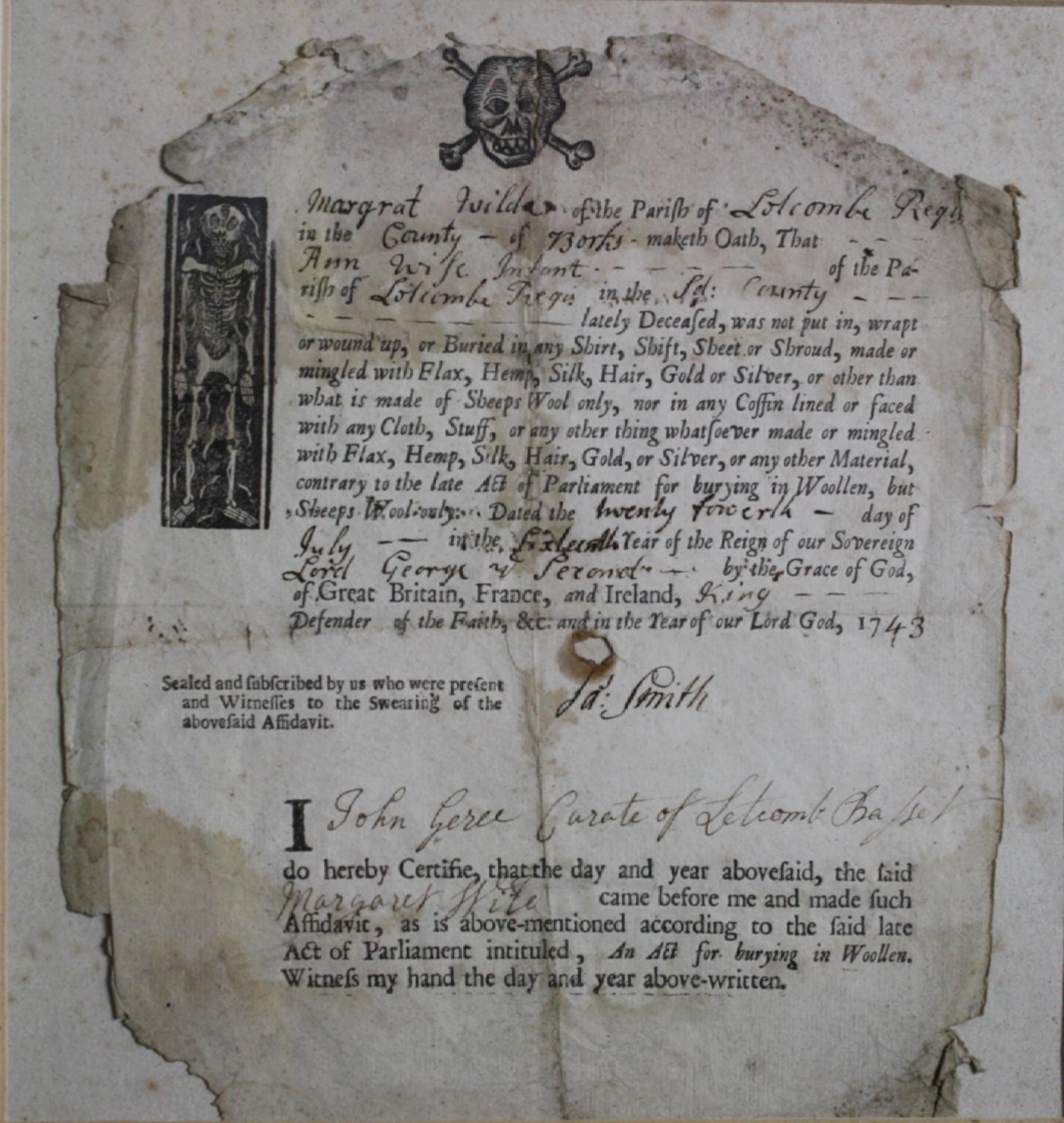 18th Century Framed & Glazed 1743 Affidavit Ann Wild Buried In Wool Memento Mori 3