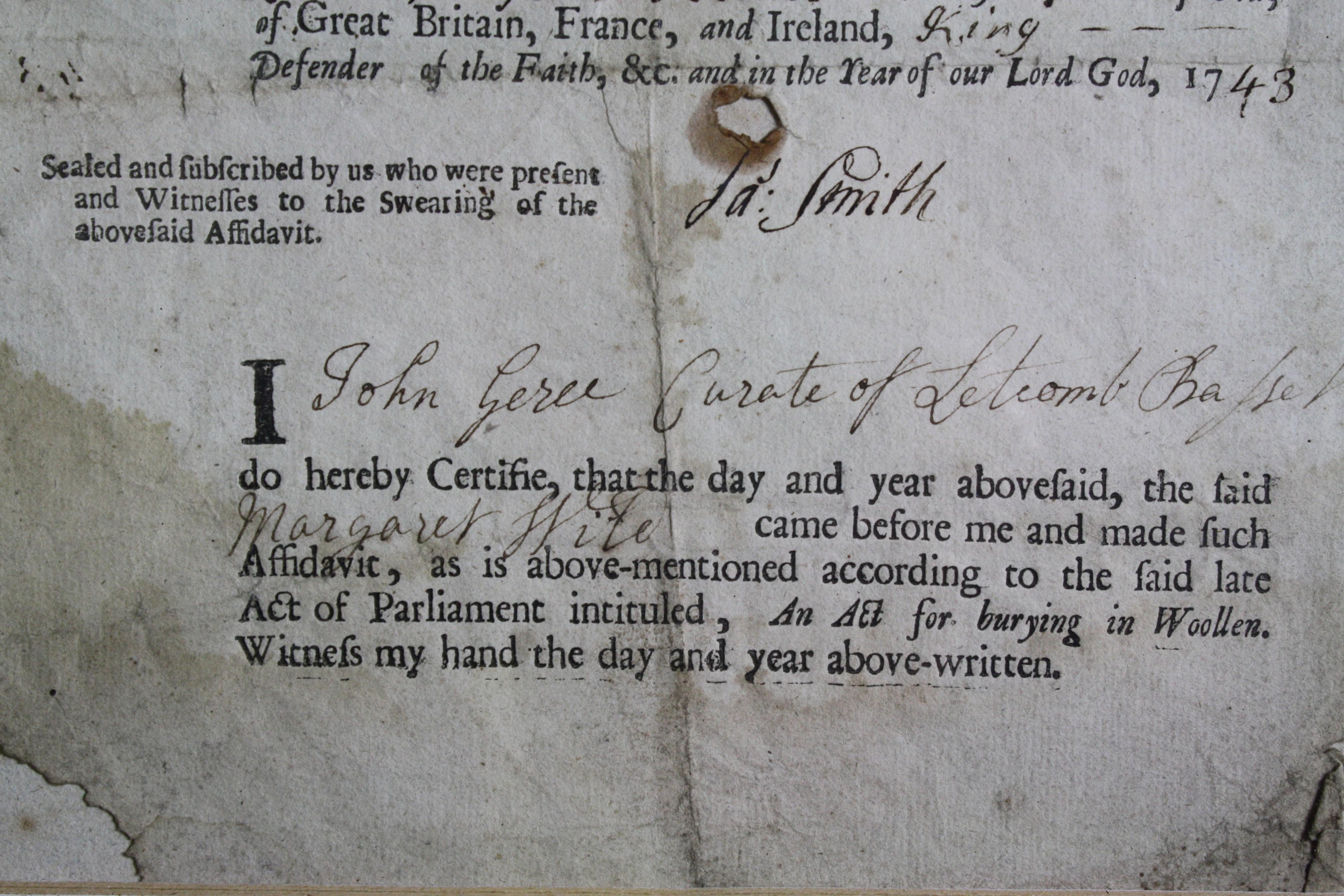 18th Century Framed & Glazed 1743 Affidavit Ann Wild Buried In Wool Memento Mori 5