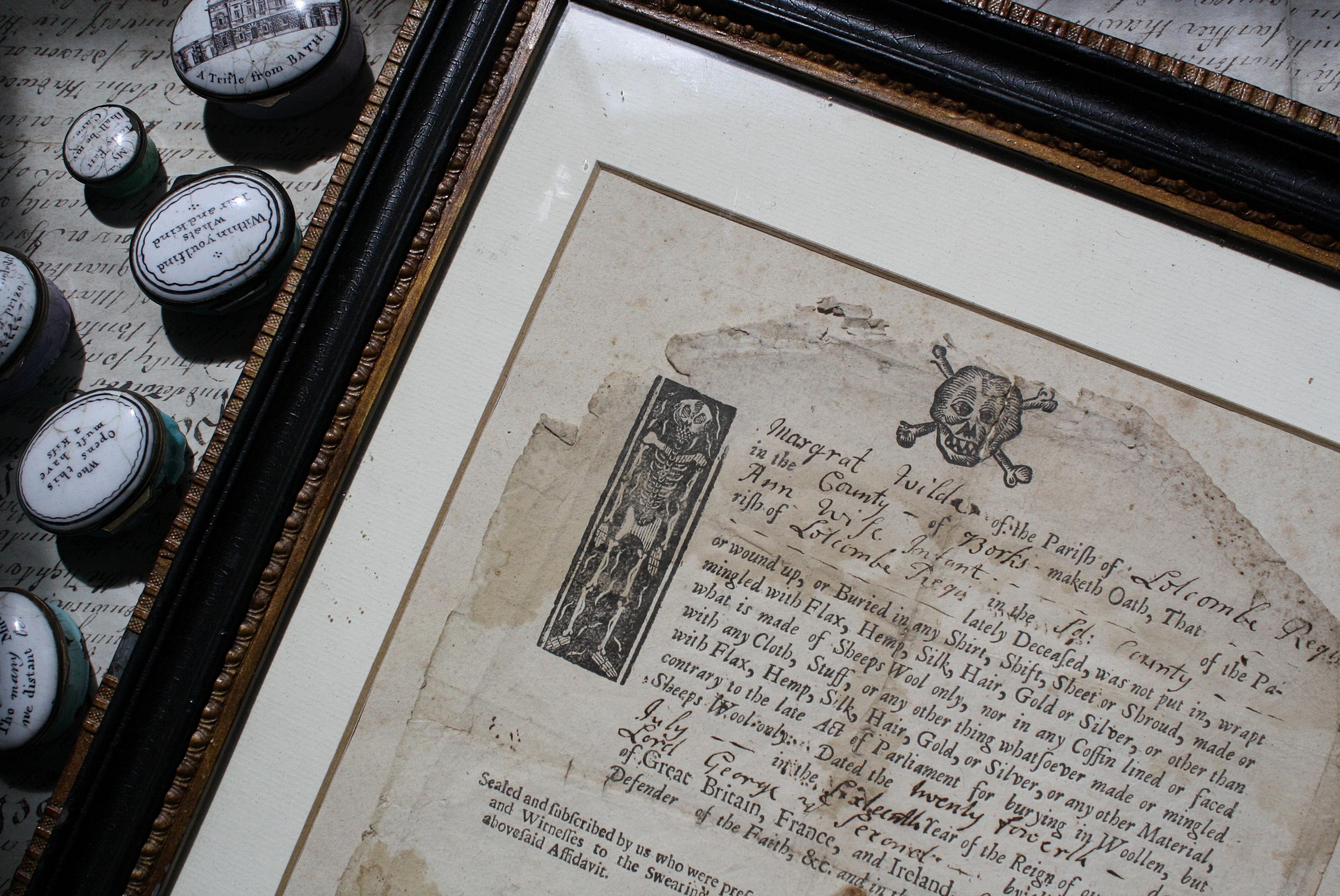 18th Century Framed & Glazed 1743 Affidavit Ann Wild Buried In Wool Memento Mori 1