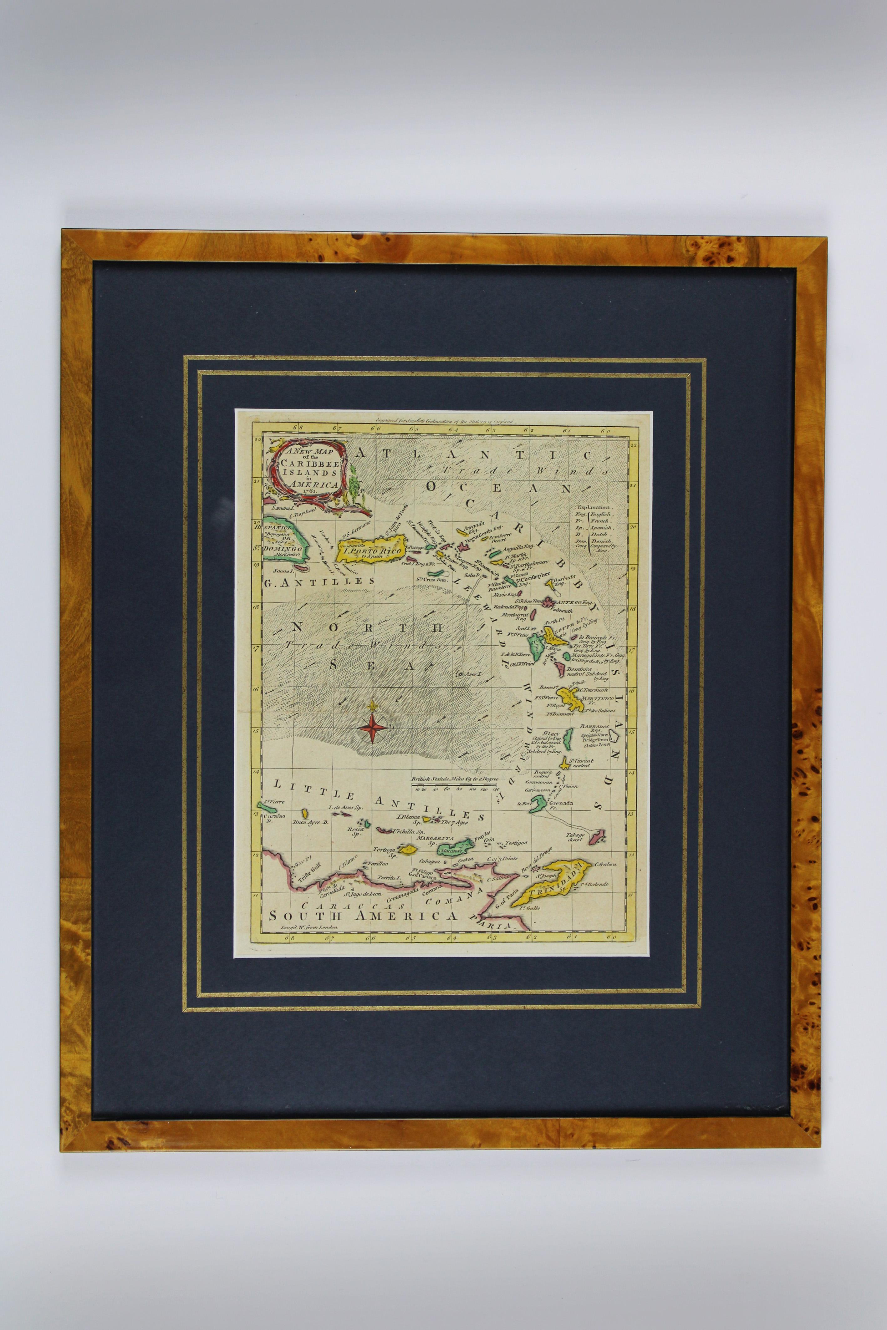 Gerahmte Karte Karibik-Inseln des 18. Jahrhunderts, handkoloriert und graviert 1761, UK (Britisch) im Angebot