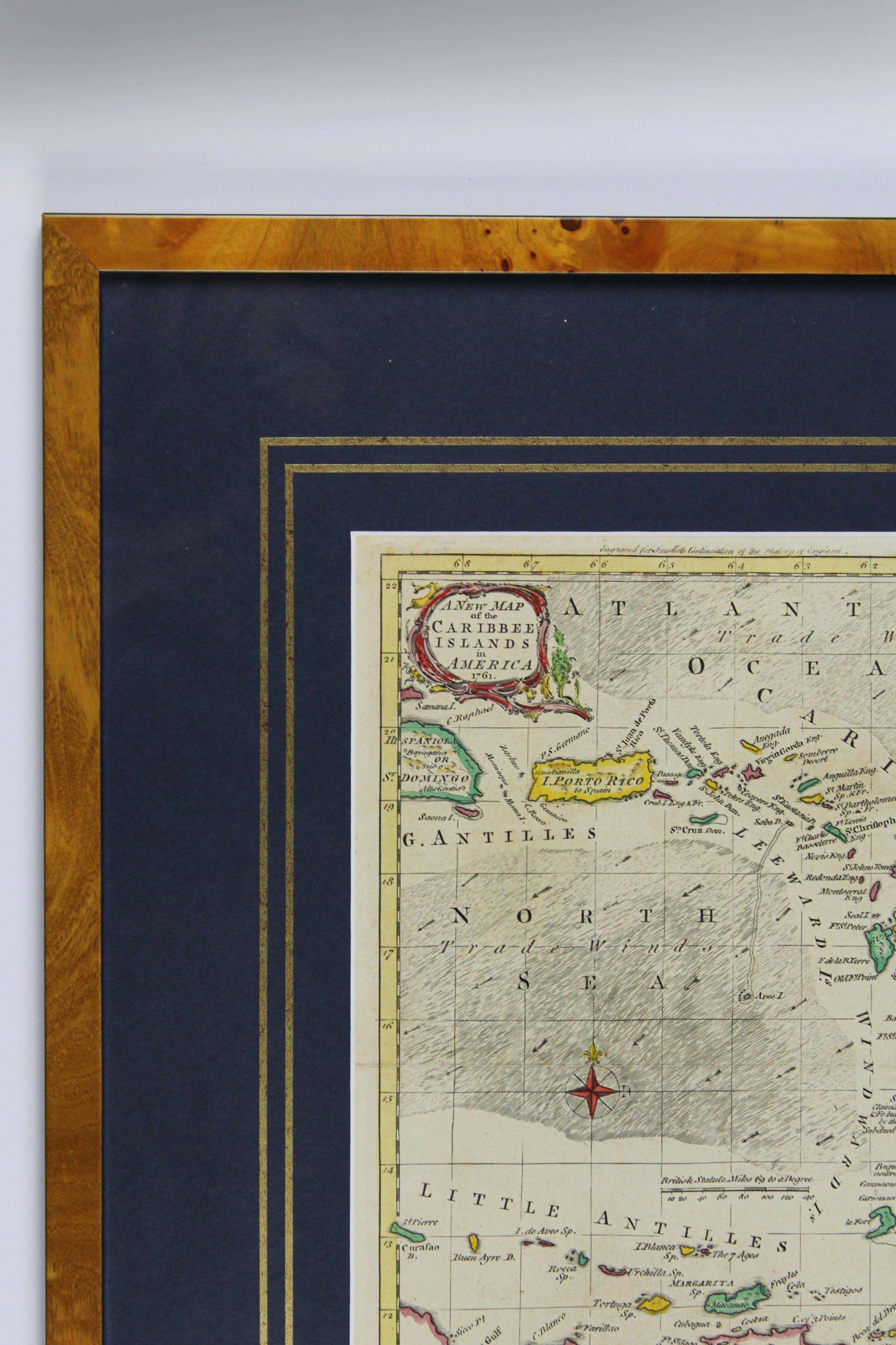 Gerahmte Karte Karibik-Inseln des 18. Jahrhunderts, handkoloriert und graviert 1761, UK im Zustand „Gut“ im Angebot in Antwerpen, BE
