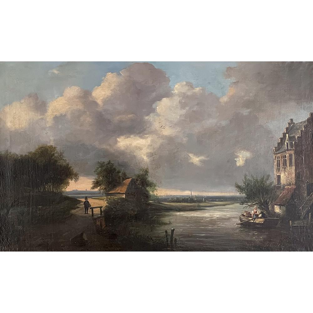 18th century framed oil painting on canvas by Holland School is a panoramic landscape with prominent contrasting features, rendered in the Dutch style. The foreground is divided into the waterside composition on the right, contrasting the man
