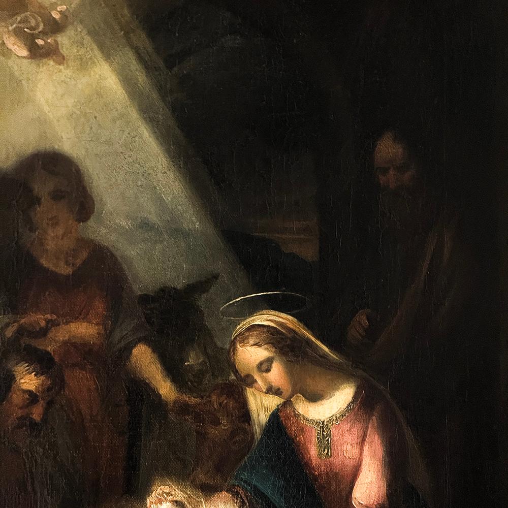 Dipinto a olio su tela con cornice del XVIII secolo raffigurante la Natività ~ Scuola fiamminga in vendita 4