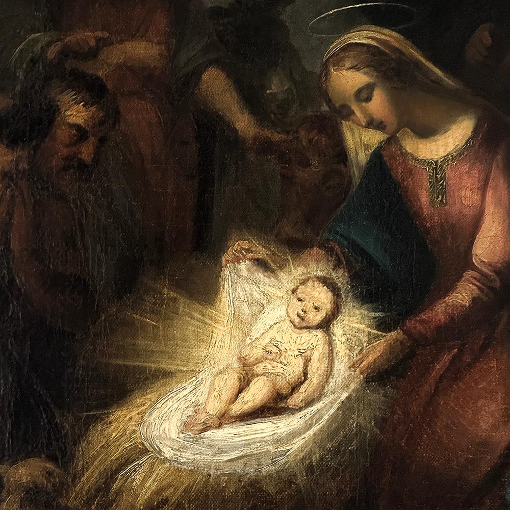 Dipinto a olio su tela con cornice del XVIII secolo raffigurante la Natività ~ Scuola fiamminga in vendita 5