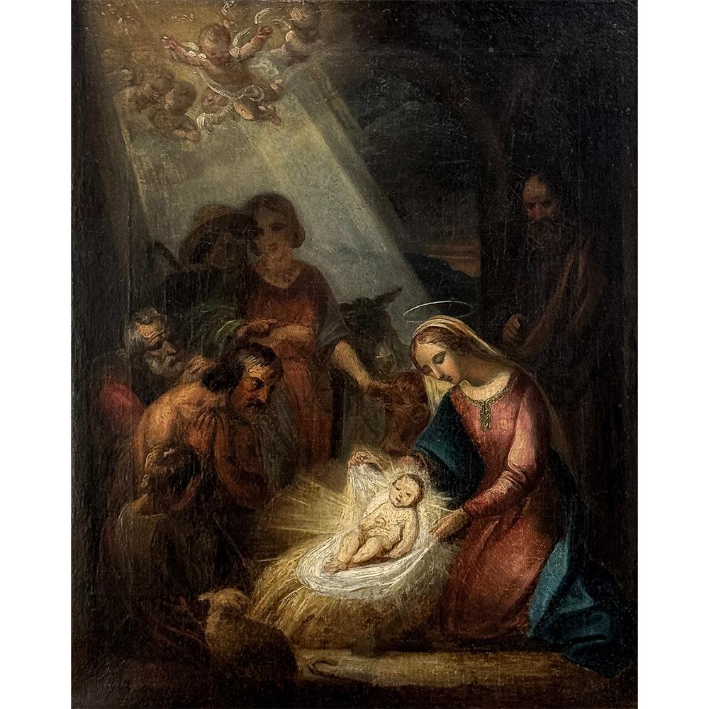Il dipinto a olio su tela del 18° secolo con cornice della Natività ~ Scuola fiamminga è un'opera incredibilmente ispirata, che mostra le influenze degli Antichi Maestri nell'ambientazione, nella composizione, nell'illuminazione e nella tavolozza