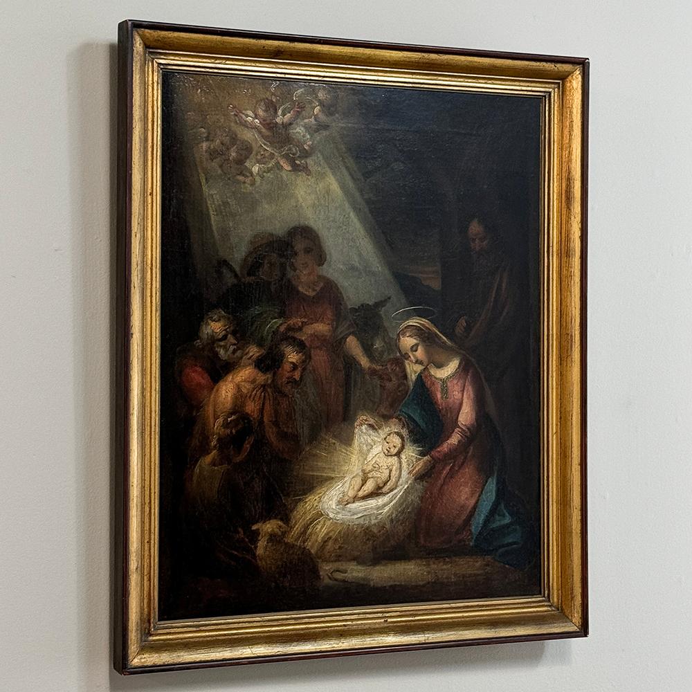 Estetismo Dipinto a olio su tela con cornice del XVIII secolo raffigurante la Natività ~ Scuola fiamminga in vendita