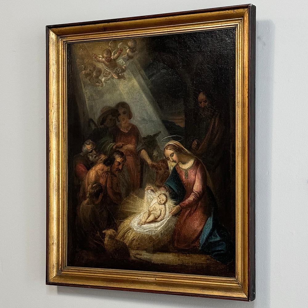 Olandese Dipinto a olio su tela con cornice del XVIII secolo raffigurante la Natività ~ Scuola fiamminga in vendita