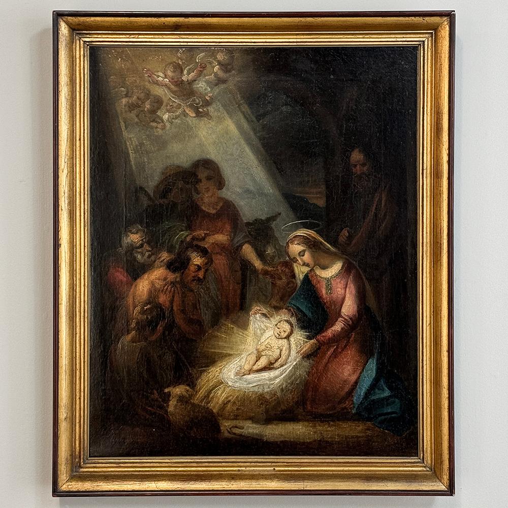 Dipinto a mano Dipinto a olio su tela con cornice del XVIII secolo raffigurante la Natività ~ Scuola fiamminga in vendita