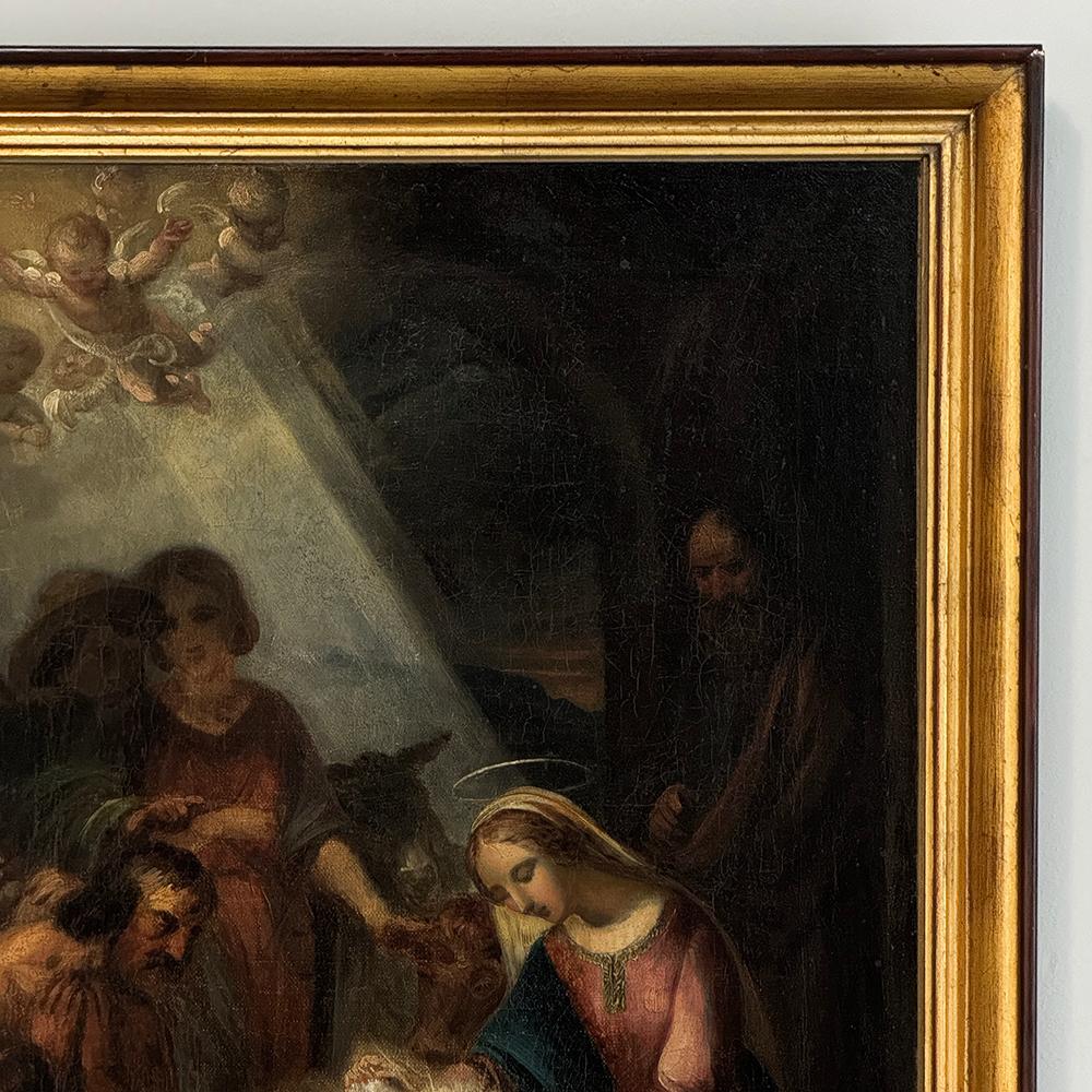 Tela Dipinto a olio su tela con cornice del XVIII secolo raffigurante la Natività ~ Scuola fiamminga in vendita