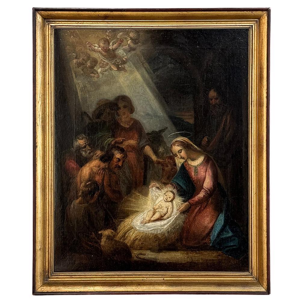 Dipinto a olio su tela con cornice del XVIII secolo raffigurante la Natività ~ Scuola fiamminga in vendita