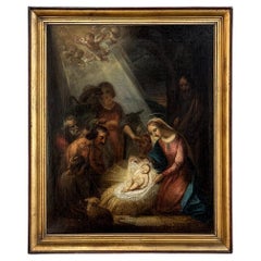Dipinto a olio su tela con cornice del XVIII secolo raffigurante la Natività ~ Scuola fiamminga