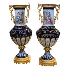 Antique 18th Century France Louis Philippe Pair of Vases Sévre Porcelain Blue Gold, 1840