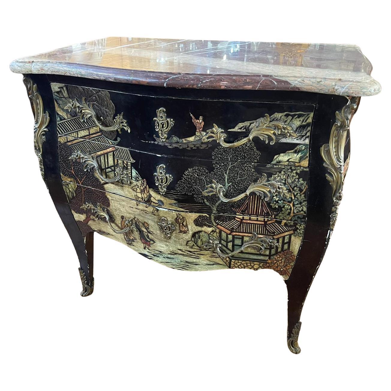18th Century France Louis XVI Lacquered Chinoserie Chest of Drawers Marble JME