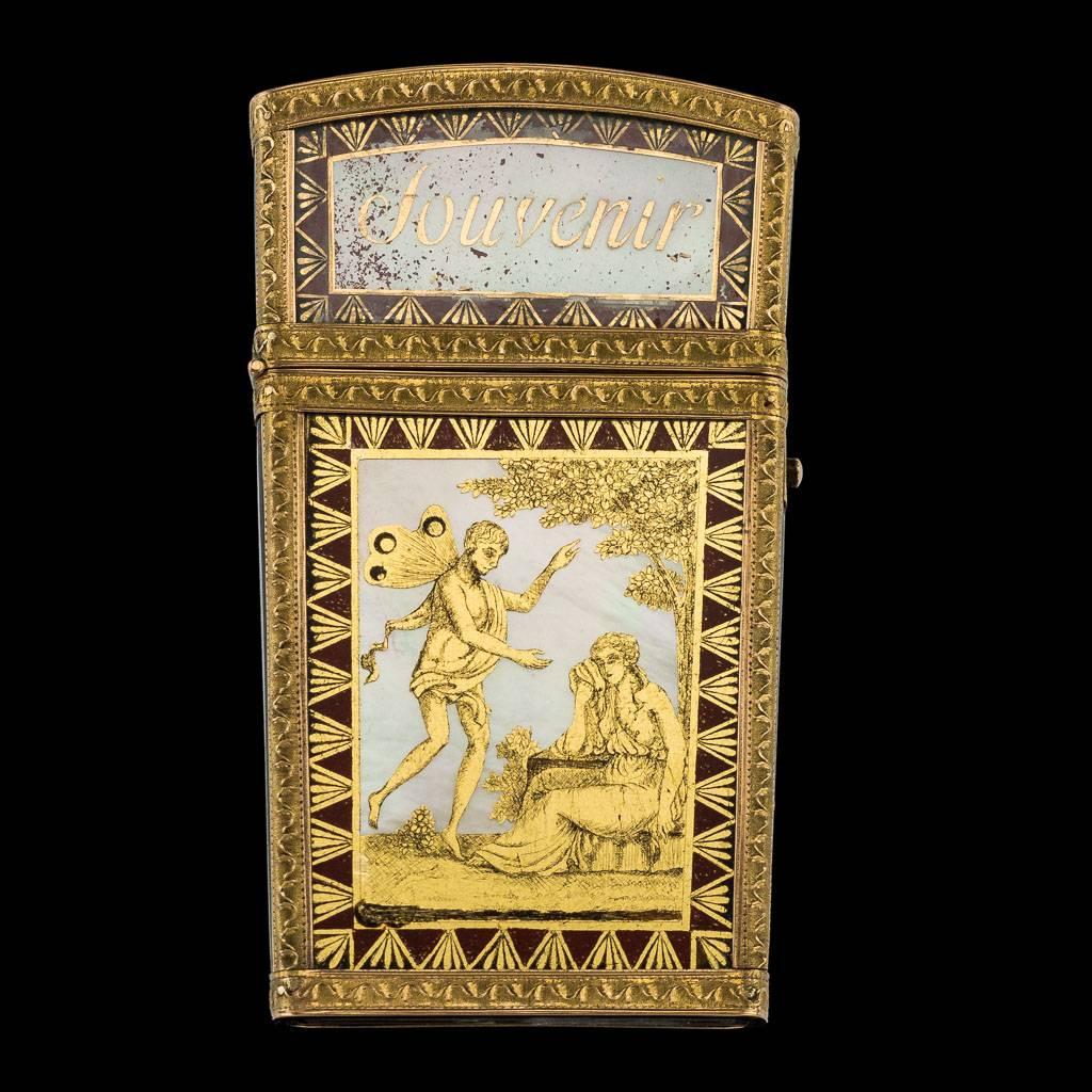 Antique 18th century French 18-karat gold mounted carnet-de-bal, of slightly tapering rectangular form, each side gold painted with mythological figural scenes and the words D'amitieand Souvenir, the mounts chased with scrolling foliage, opening to