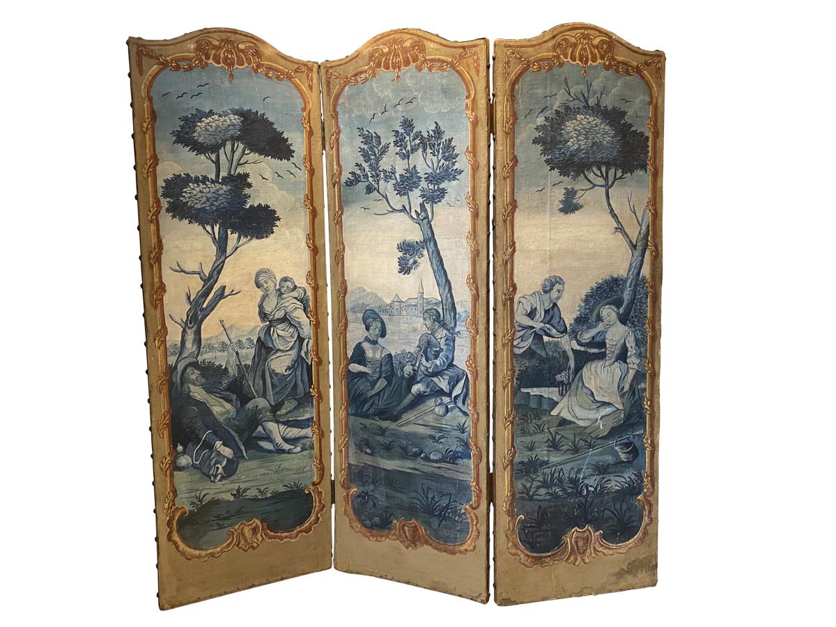 Extraordinary 18th century French 6-panel screen, or paravent, painted canvas. Divided into two sets of three. One set having scenes or couples and bound with tacks, the back painted rust, the other having a single individual per panel and no tacks,