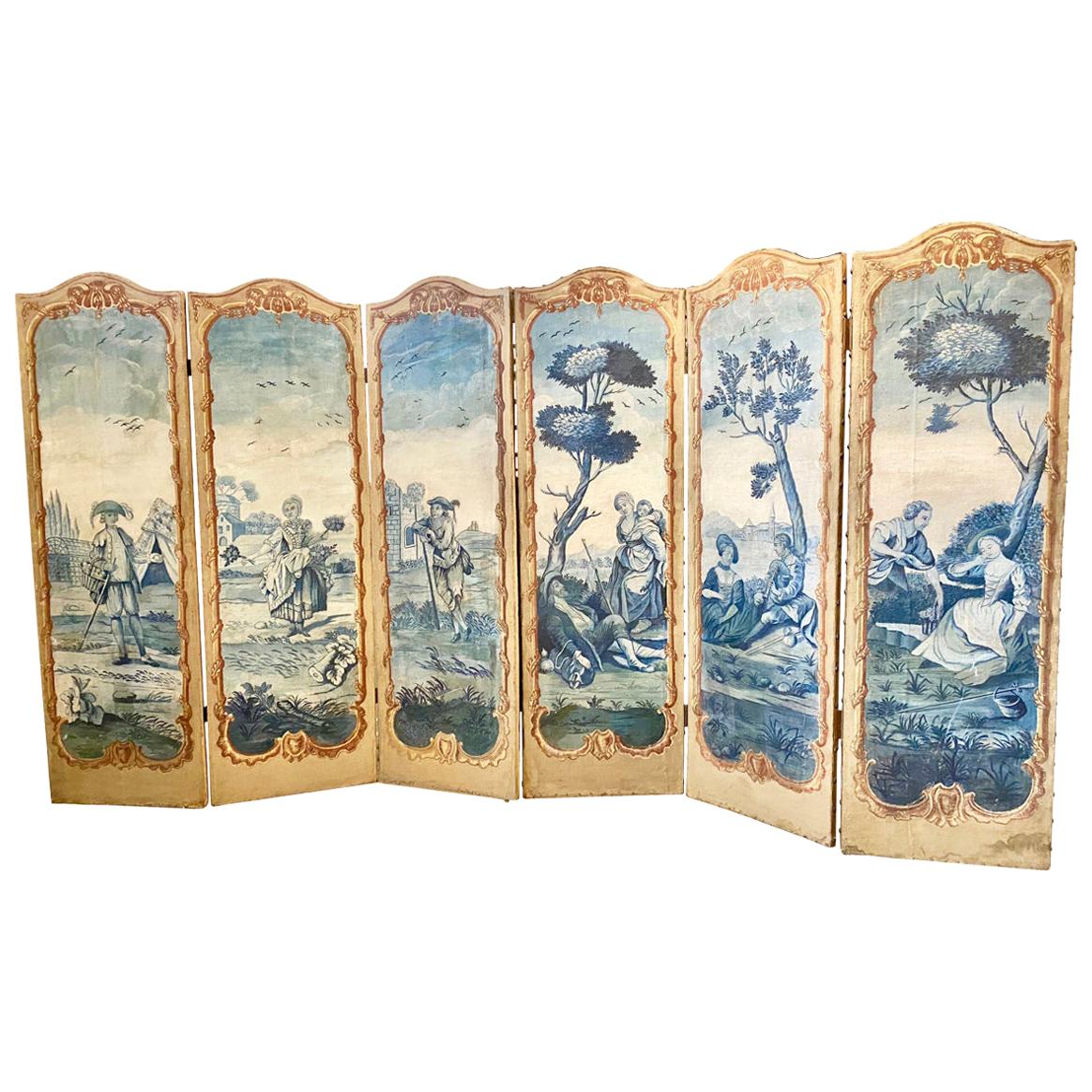 18th Century French 6-Panel Screen, Painted Canvas Paravent