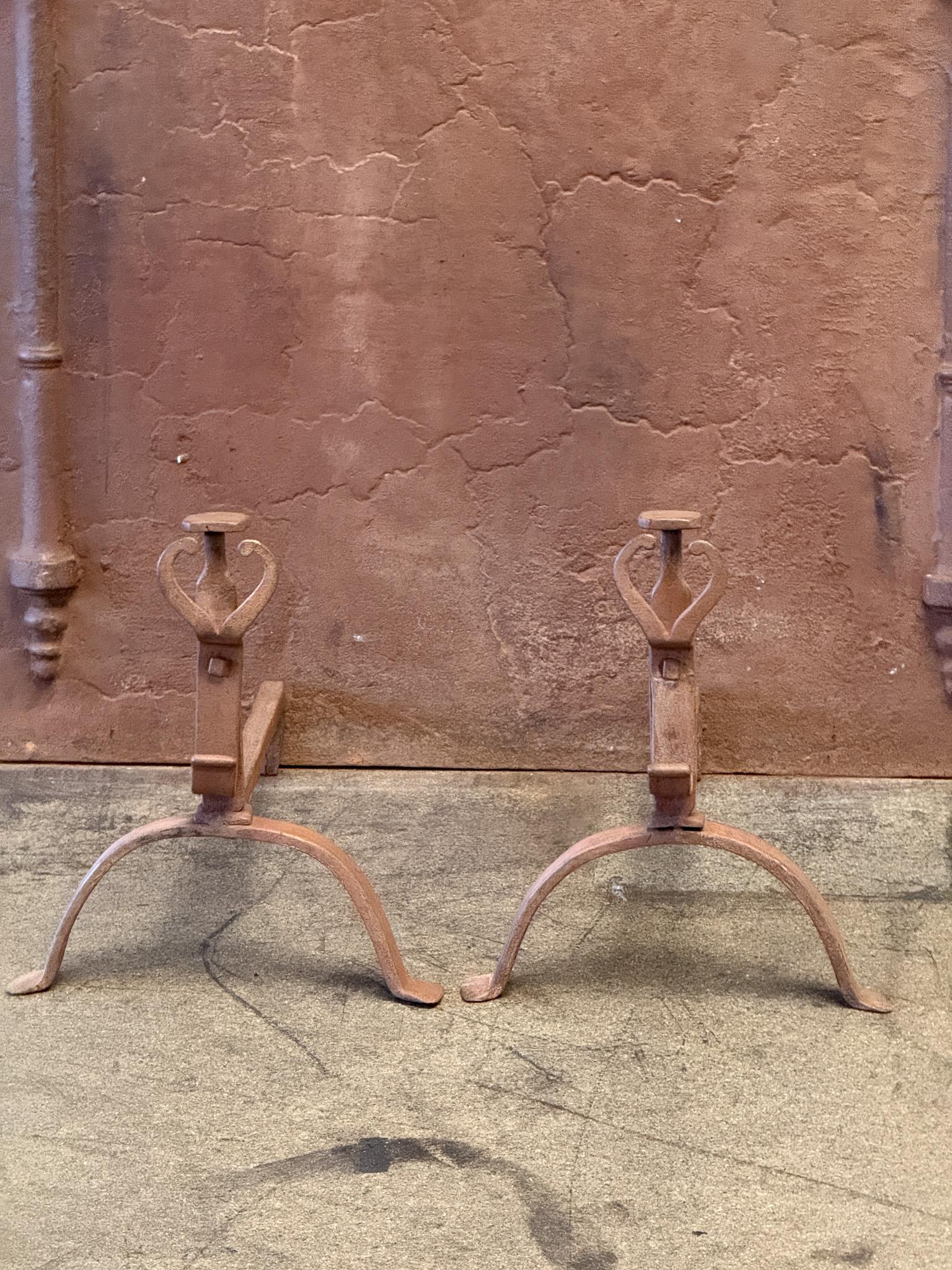 Wrought Iron 18th Century French Andirons or Firedogs, Louis XV Period For Sale