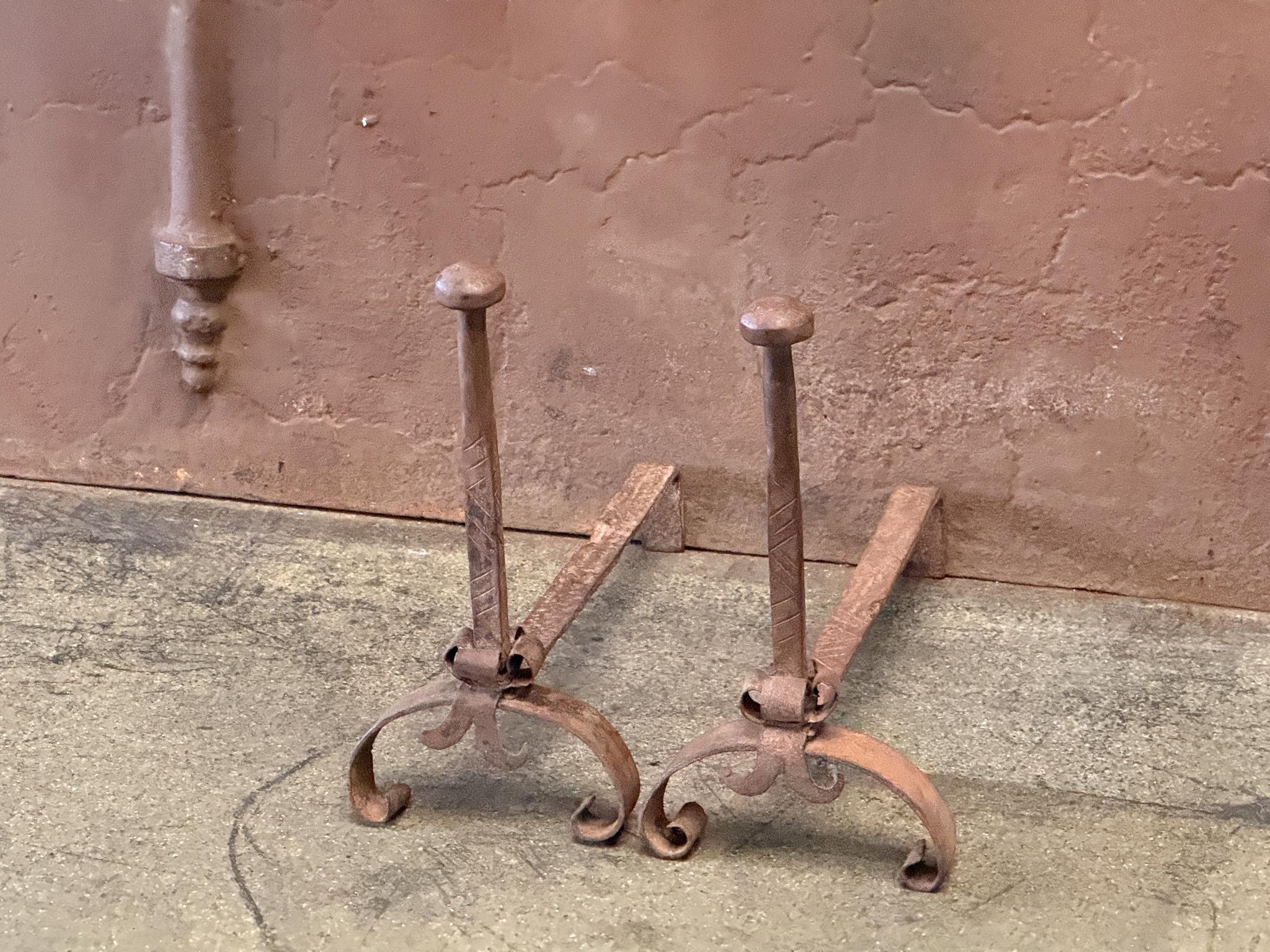 Wrought Iron 18th Century French Andirons or Firedogs, Louis XV Period For Sale