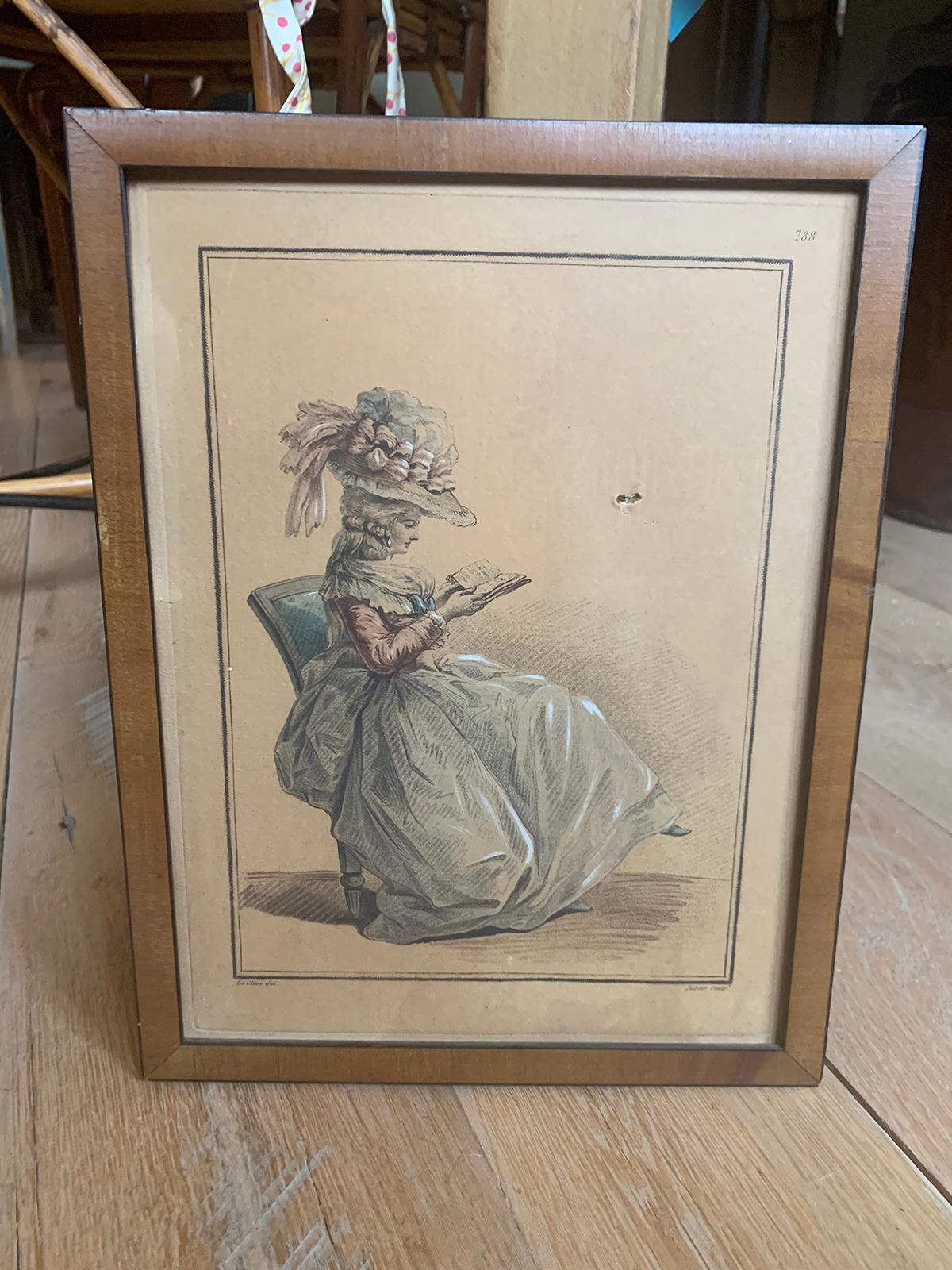 18th century circa 1760-1781 French aquatint engraving of woman reading by C.L. Jubier after original painting by Le Clere.