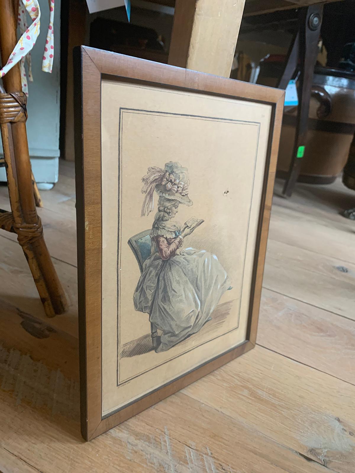 18th Century French Aquatint Engraving of Woman Reading by C.L. Jubier In Fair Condition For Sale In Atlanta, GA