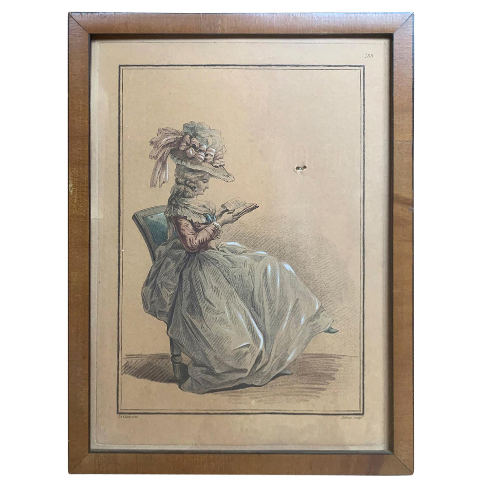 18th Century French Aquatint Engraving of Woman Reading by C.L. Jubier For Sale