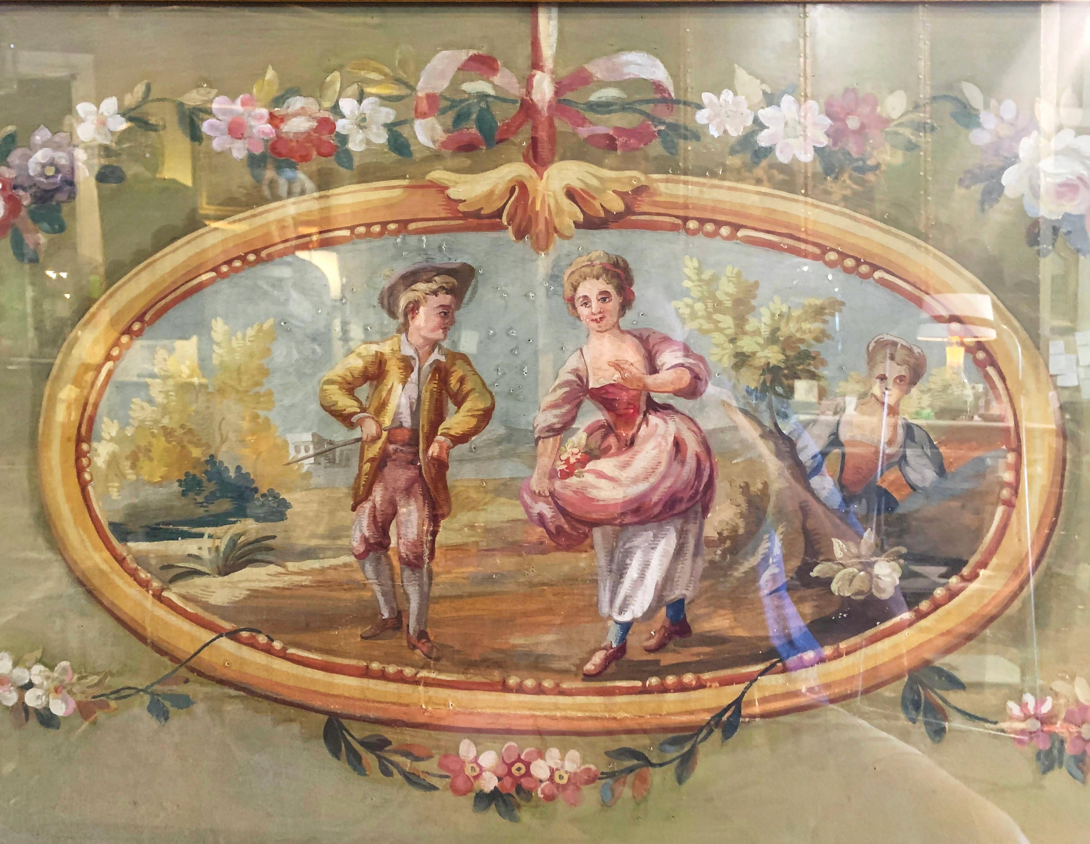 Décorez le mur d'un salon ou d'un bureau avec ce dessin humoristique Aubusson ancien, élégant et coloré. Créée dans la ville d'Aubusson, en France, vers 1760, et présentée dans un cadre doré, la gouache sur papier présente une scène de cour peinte à