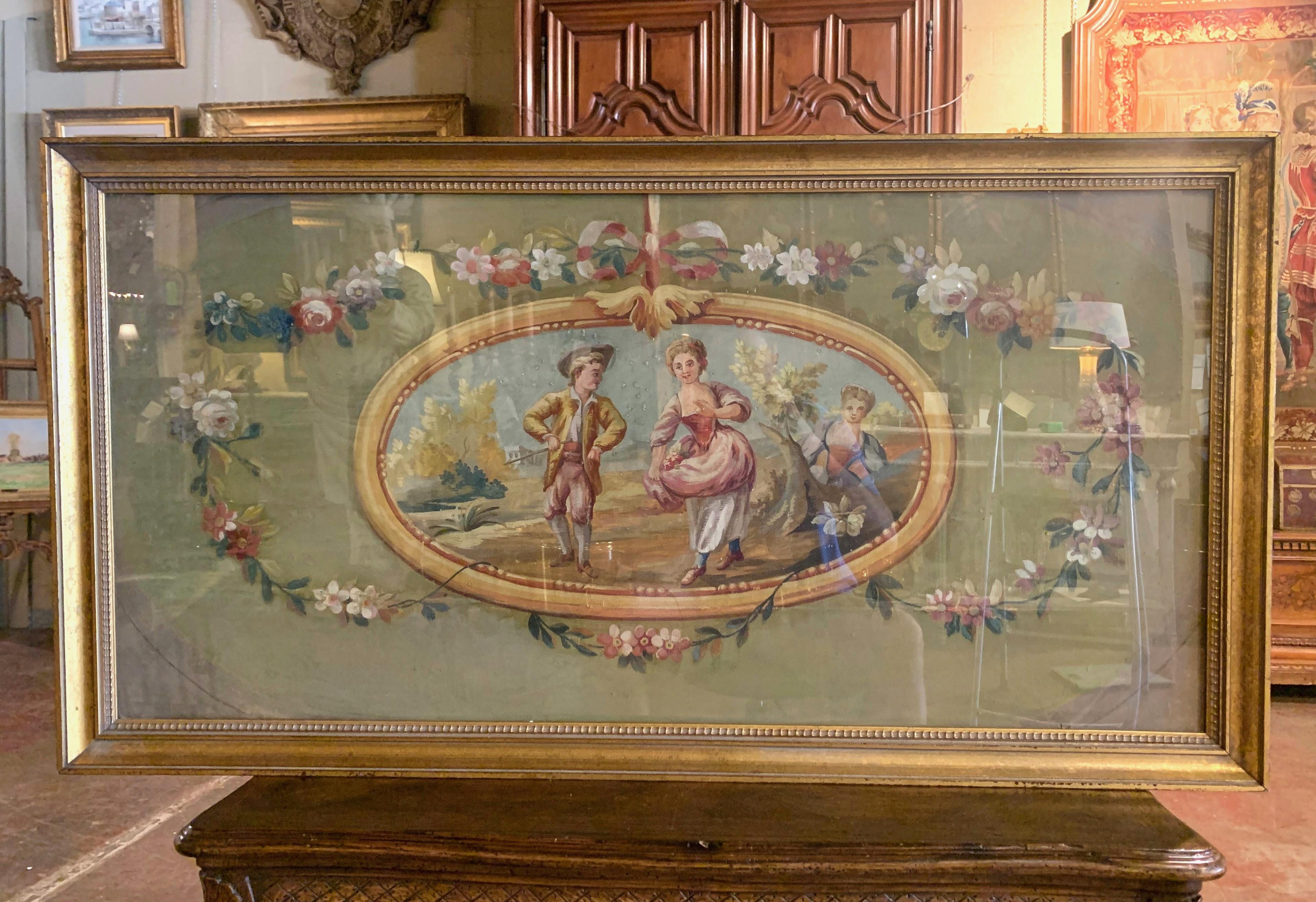 18th Century French Aubusson Cartoon Gouache on Paper in Gilt Frame with Glass In Excellent Condition For Sale In Dallas, TX