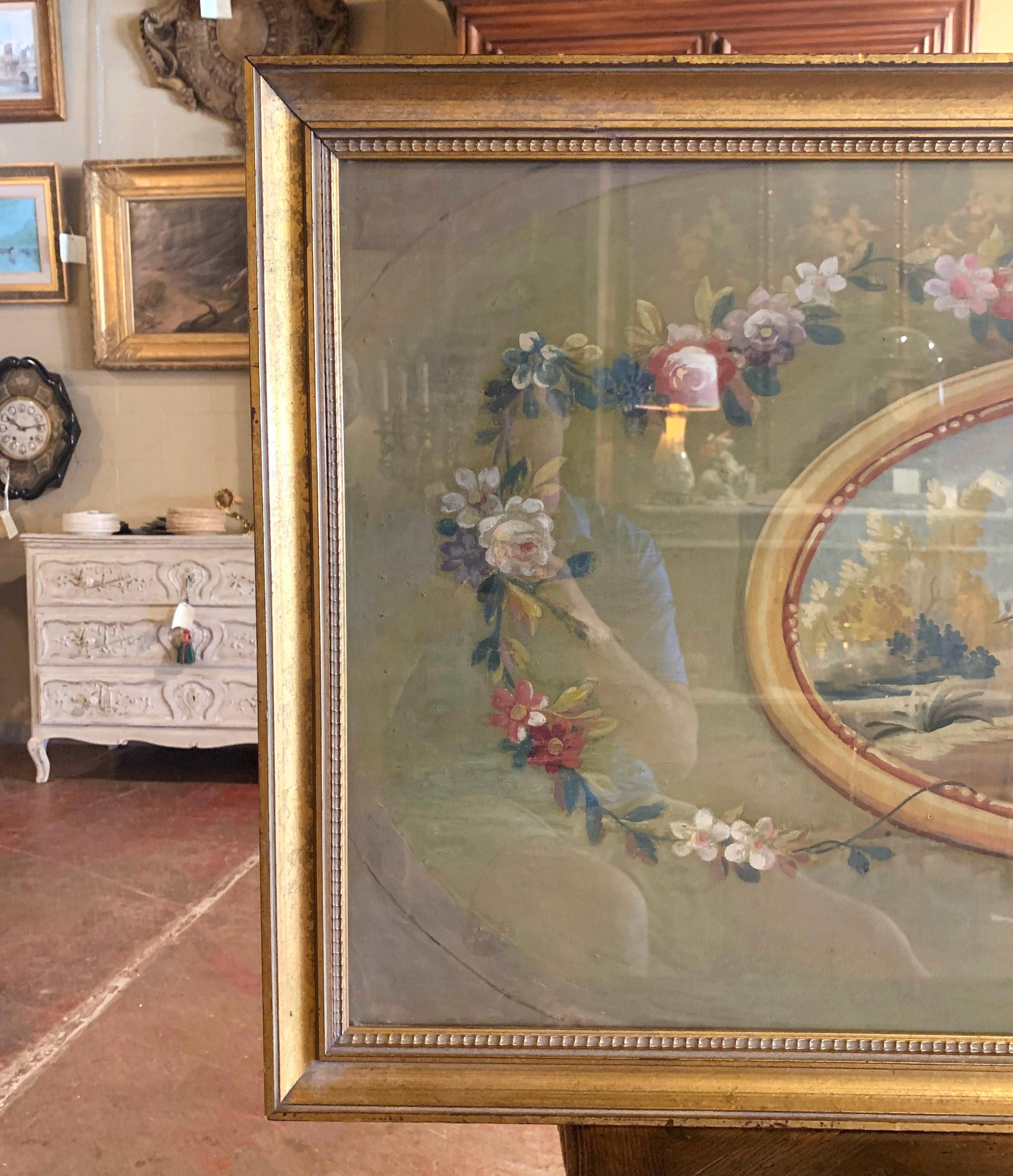 Doré Cartoon français du 18ème siècle, gouache sur papier dans un cadre doré avec verre, d'Aubusson en vente