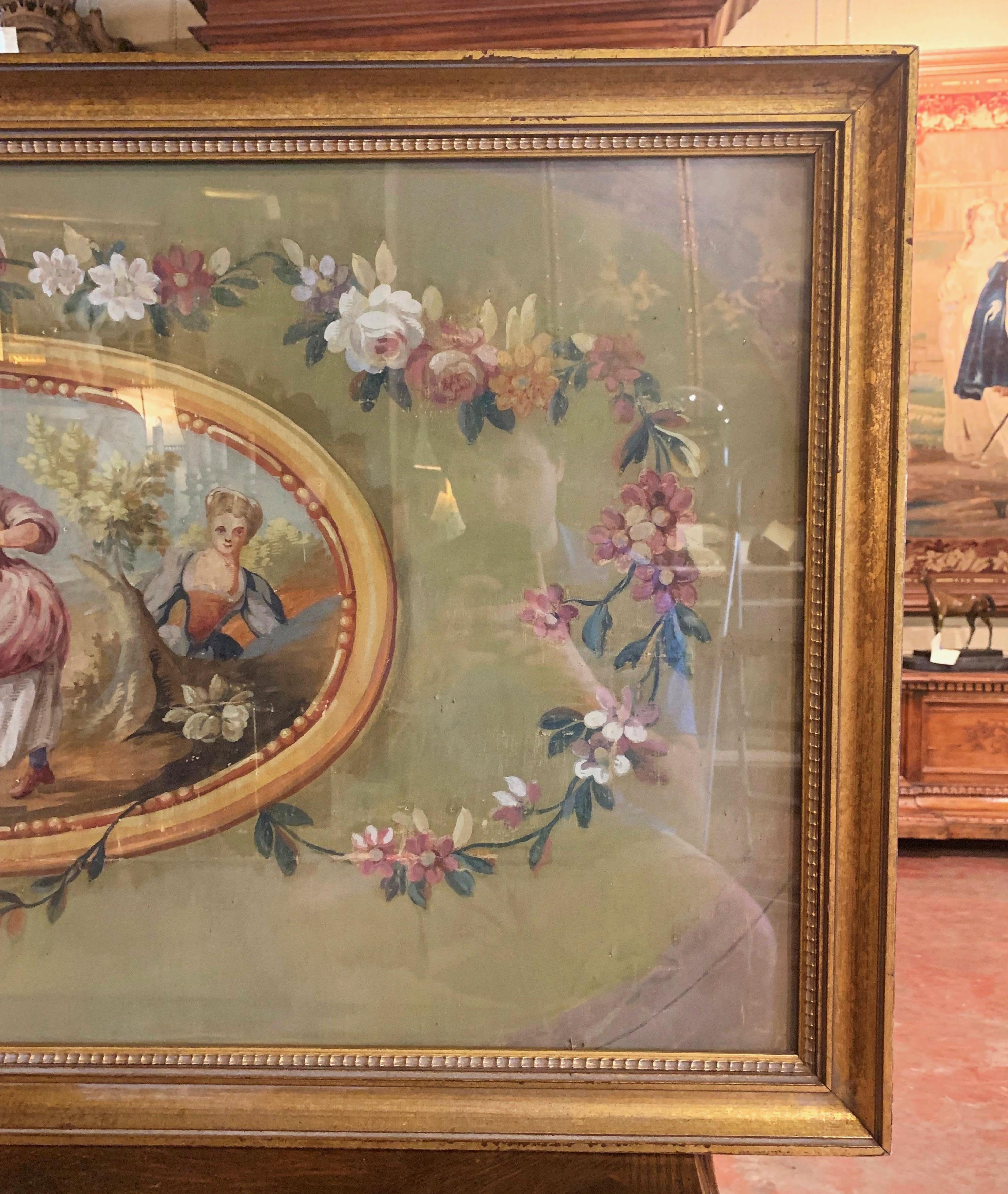 Cartoon français du 18ème siècle, gouache sur papier dans un cadre doré avec verre, d'Aubusson Excellent état - En vente à Dallas, TX