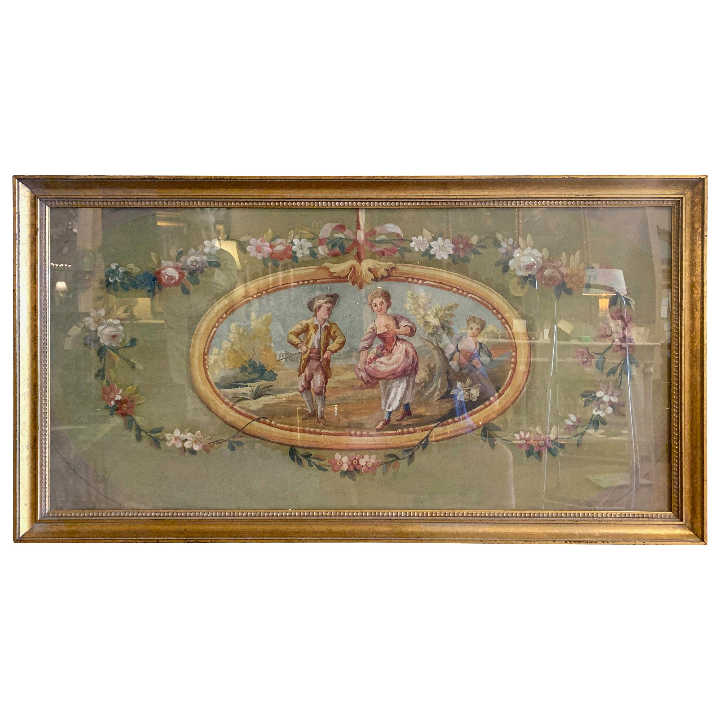 18th Century French Aubusson Courting Tapestry Gouache on Paper in Gilt Frame
