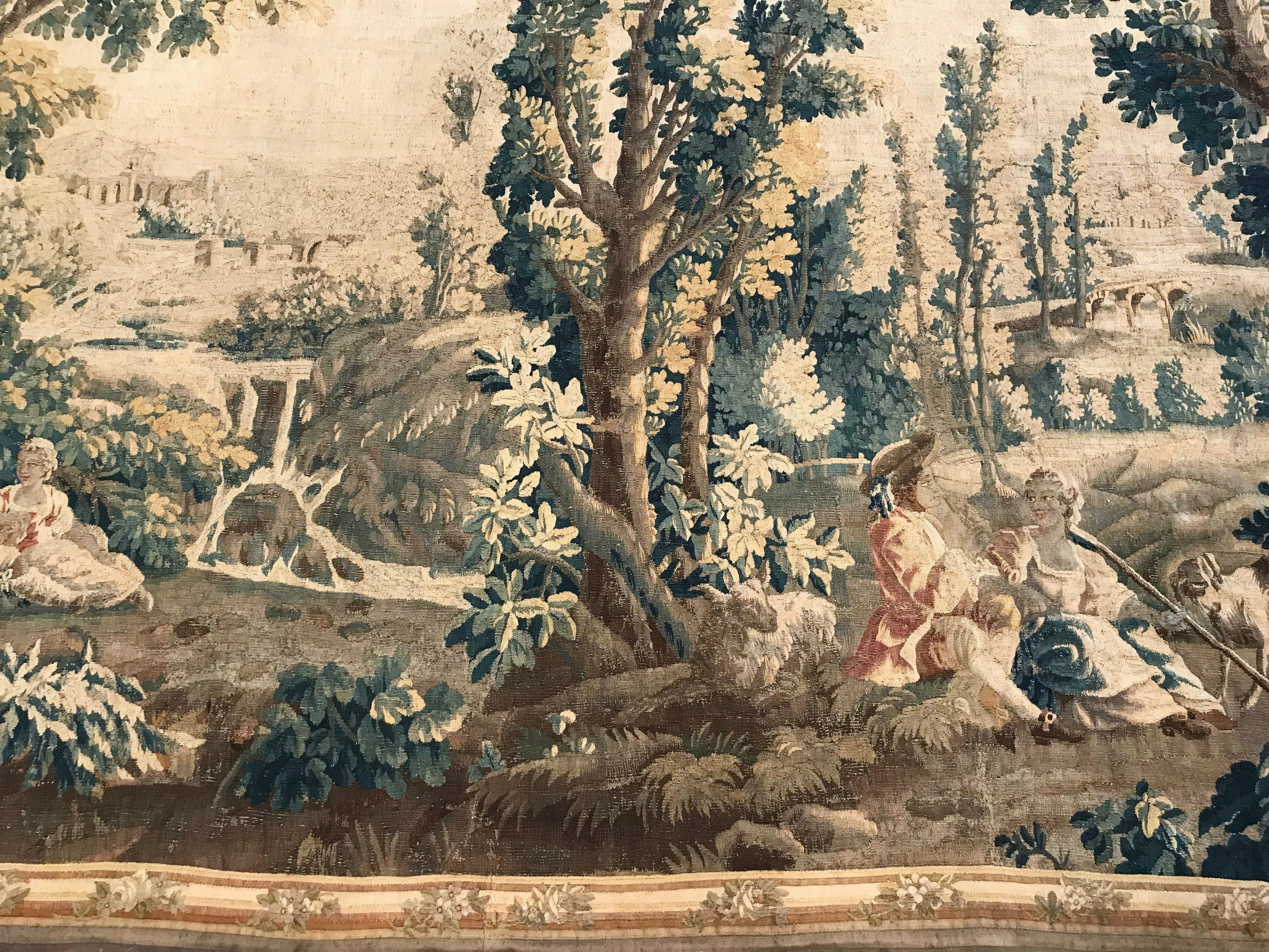 Louis XV 18th Century French Aubusson Pastoral Tapestry in the Manner of Boucher For Sale