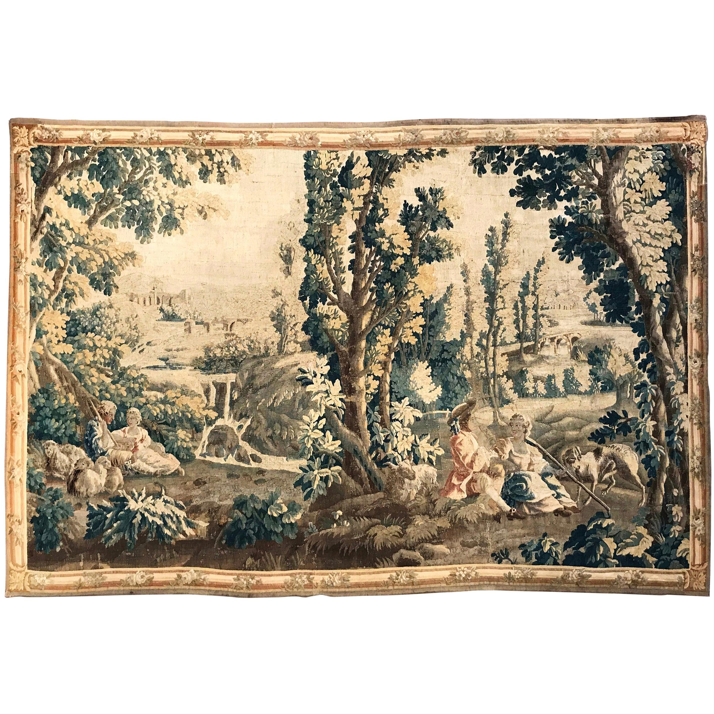 Arazzo pastorale Aubusson francese del XVIII secolo alla maniera di Boucher