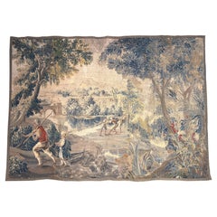 Arazzo pastorale Aubusson francese del XVIII secolo con pescatori, verdura e castello