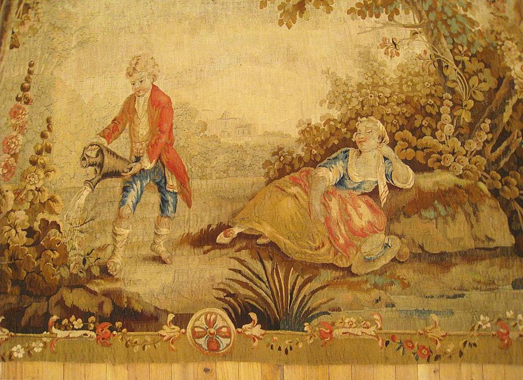Wool 18th Century French Aubusson Romantic Tapestry, with Drapery Motif For Sale