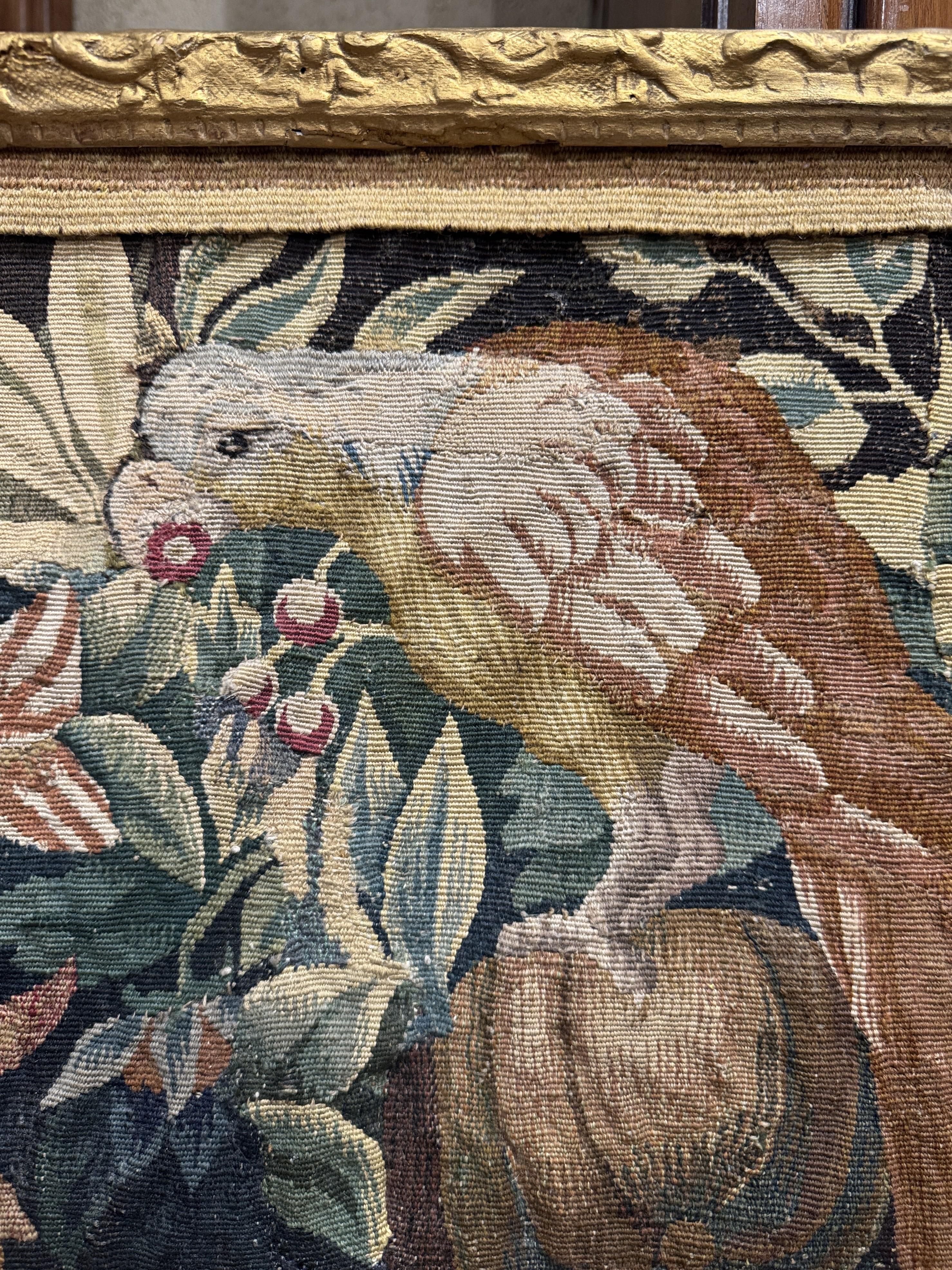 18th Century French Aubusson Tapestry Fragment in Carved Gilt Frame In Excellent Condition For Sale In Dallas, TX