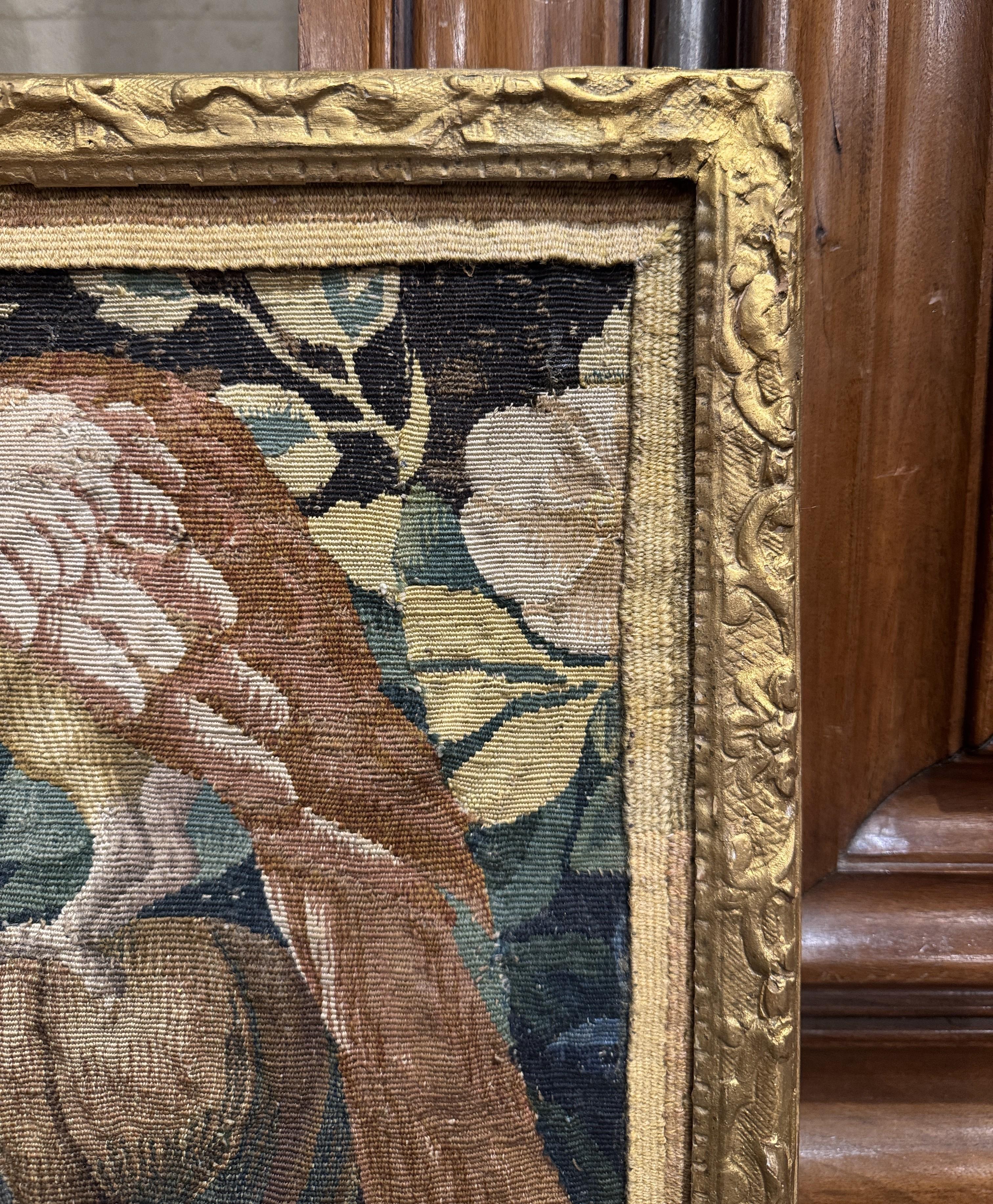 18th Century French Aubusson Tapestry Fragment in Carved Gilt Frame For Sale 3