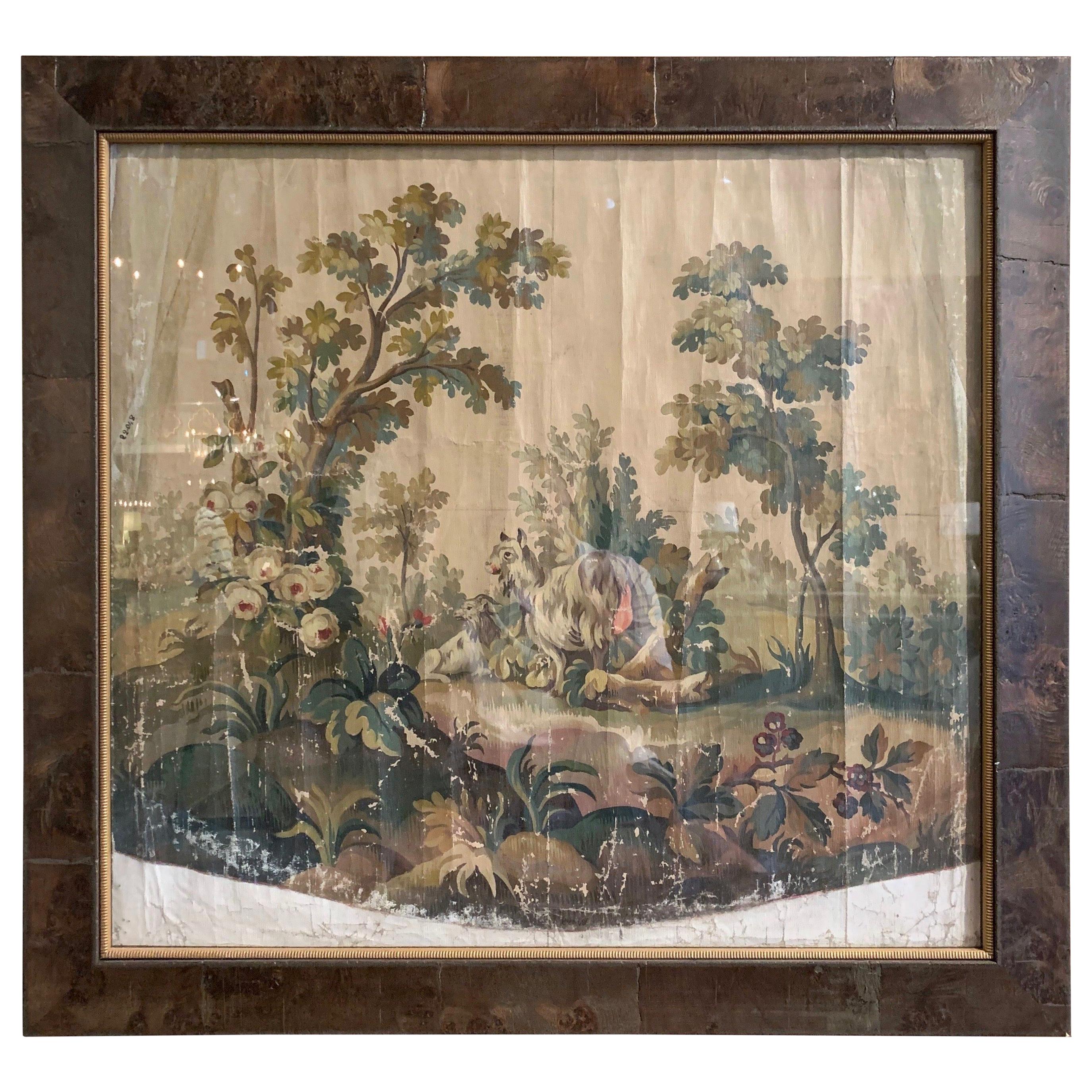 18th Century French Aubusson Tapestry Gouache on Paper with Frame and Glass