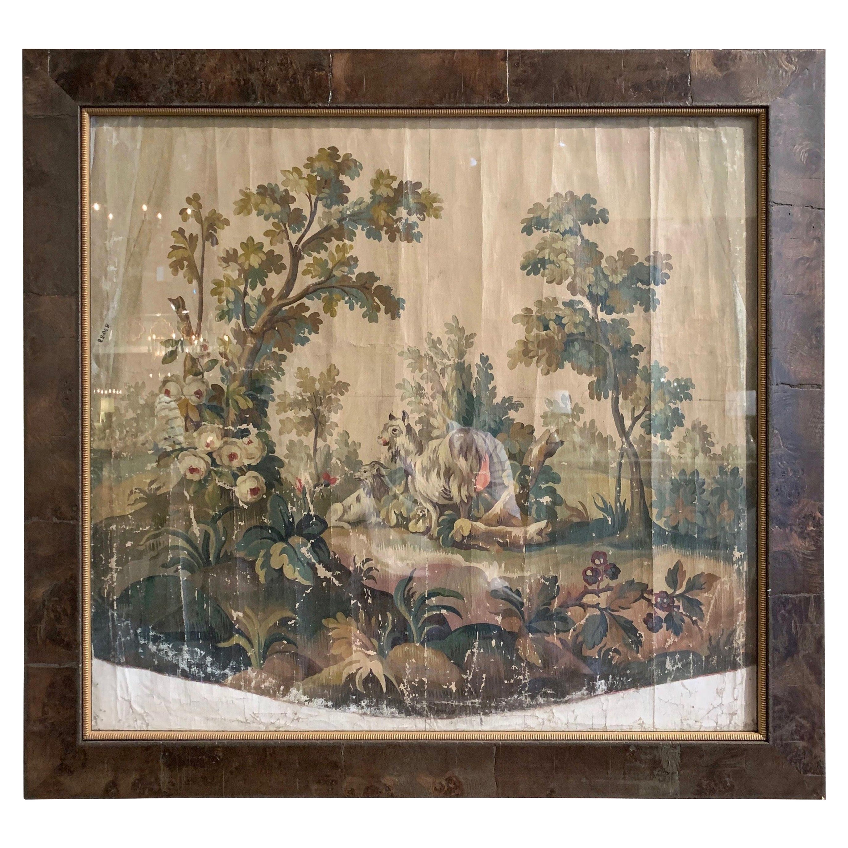 Arazzo Aubusson francese del 18° secolo Gouache su carta con cornice e vetro