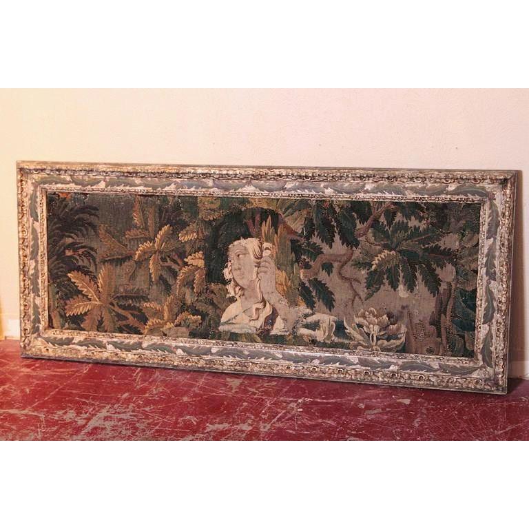 Hand-Painted 18th Century French Aubusson Tapestry in Antique Painted Leaf Decor Frame For Sale