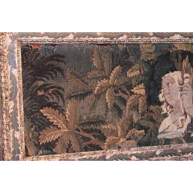 18th Century French Aubusson Tapestry in Antique Painted Leaf Decor Frame In Good Condition For Sale In Dallas, TX
