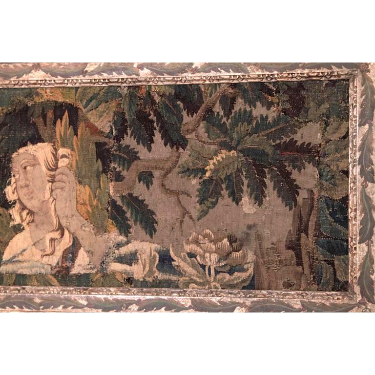 18th Century French Aubusson Tapestry in Antique Painted Leaf Decor Frame For Sale 2