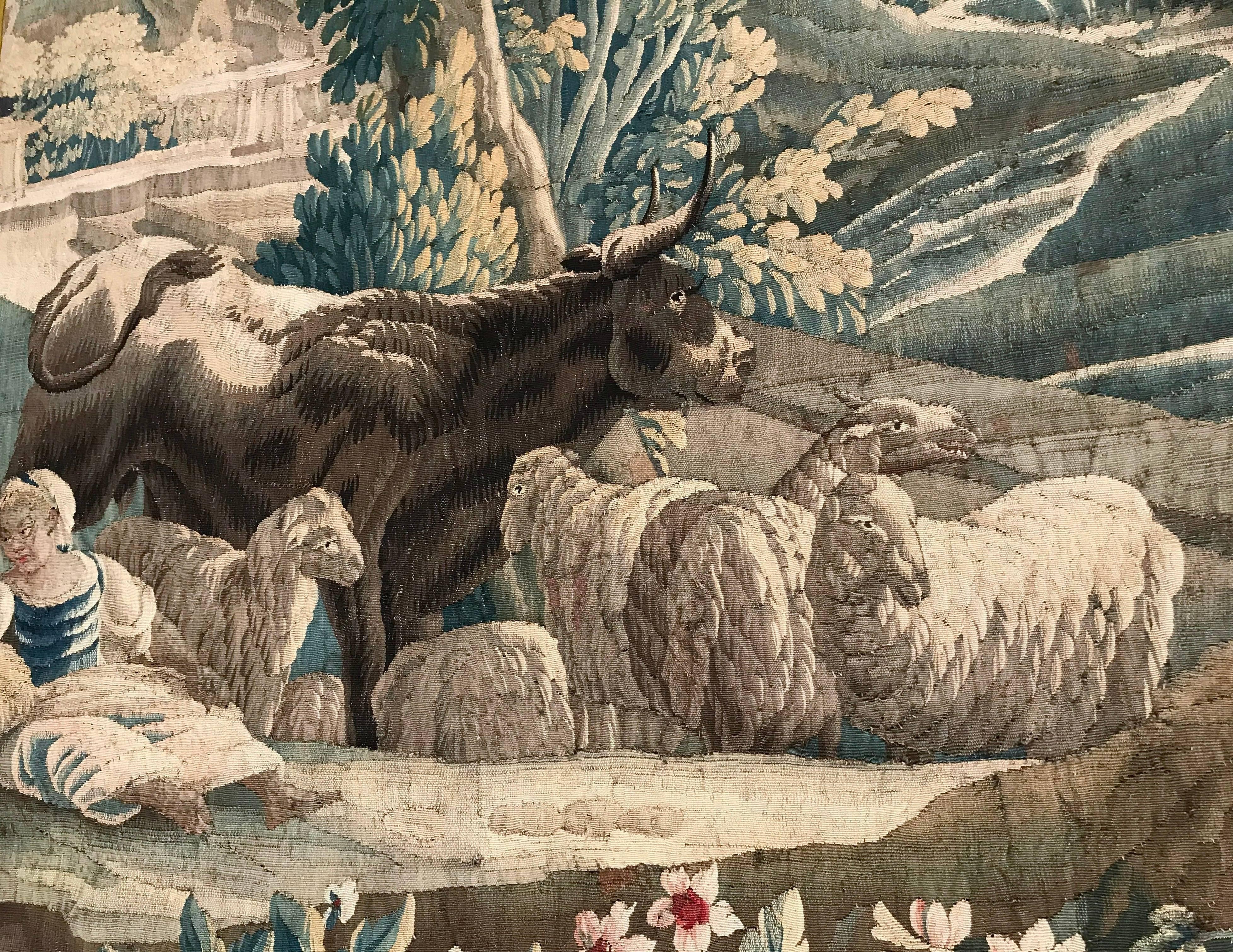 Hand-Woven 18th Century French Aubusson Tapestry with Cow Sheep Shepherd and Roman Palace