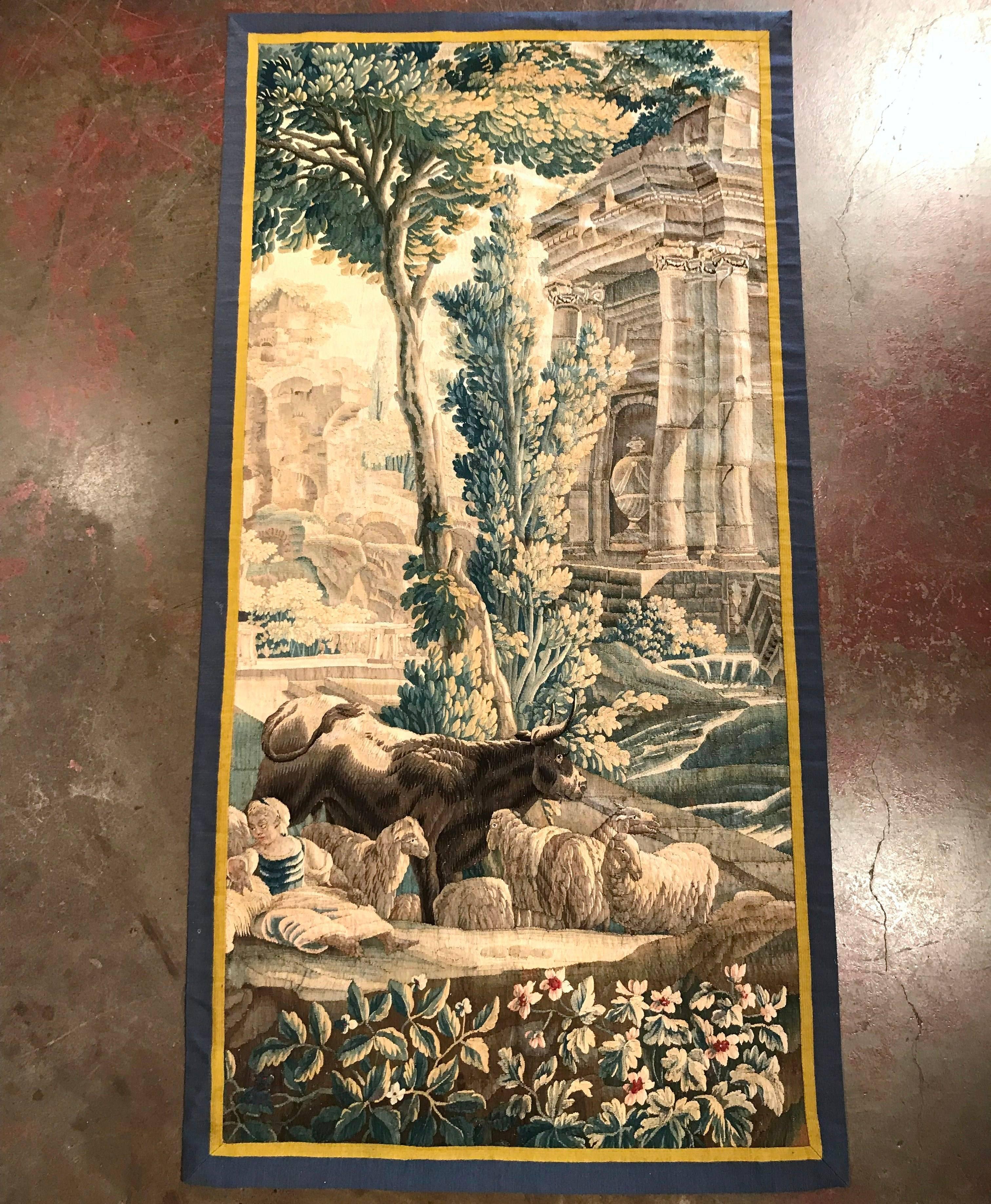 18th Century French Aubusson Tapestry with Cow Sheep Shepherd and Roman Palace In Excellent Condition In Dallas, TX