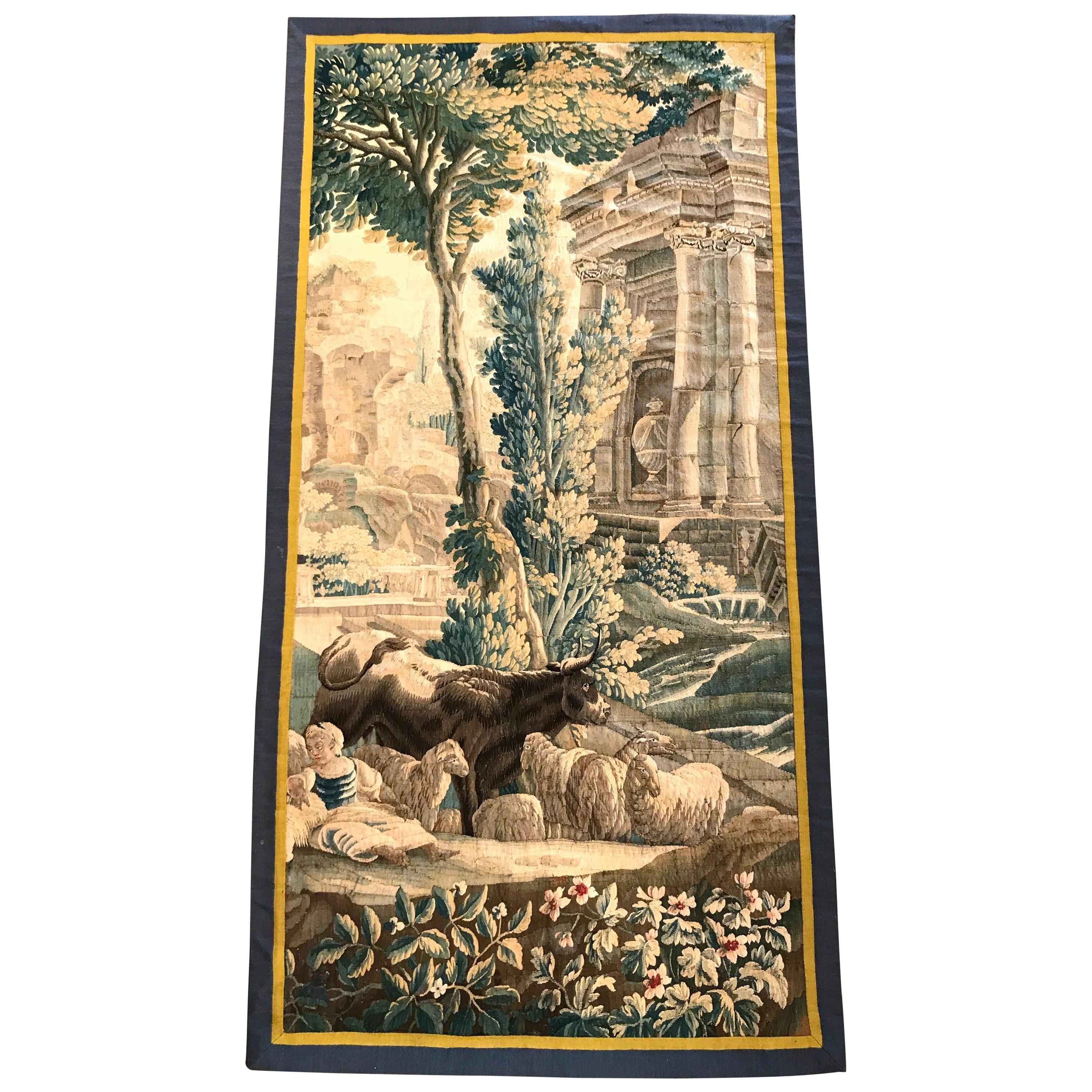 18th Century French Aubusson Tapestry with Cow Sheep Shepherd and Roman Palace